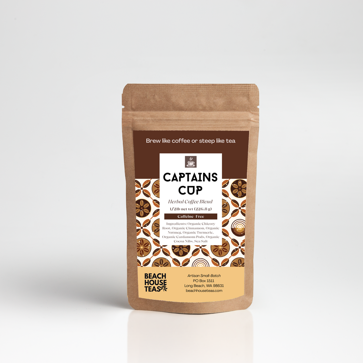 Beach House Teas Captain’s Cup herbal coffee in a 1/2 lb resealable kraft pouch