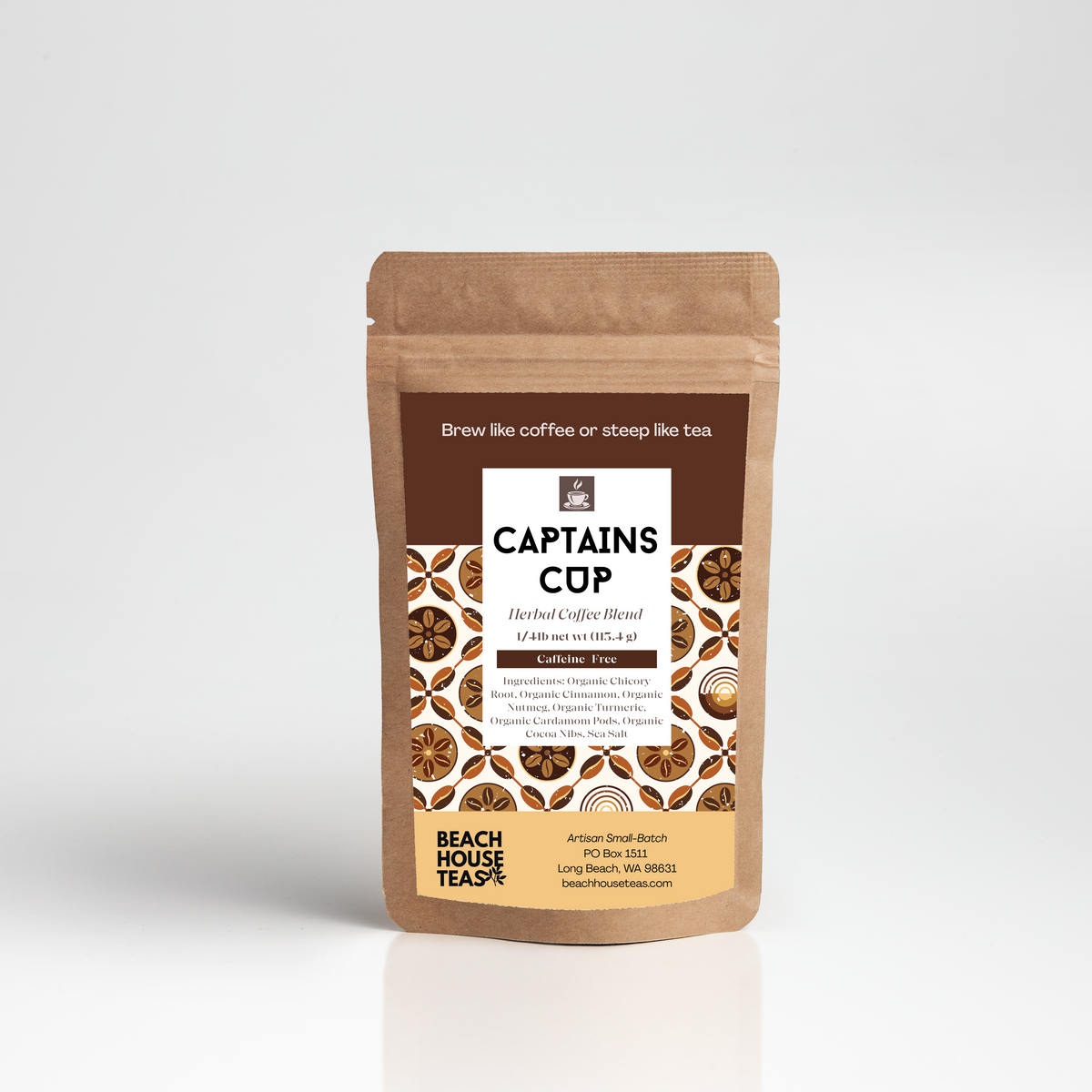 Beach House Teas Captain’s Cup herbal coffee in a 1/4 lb resealable kraft pouch