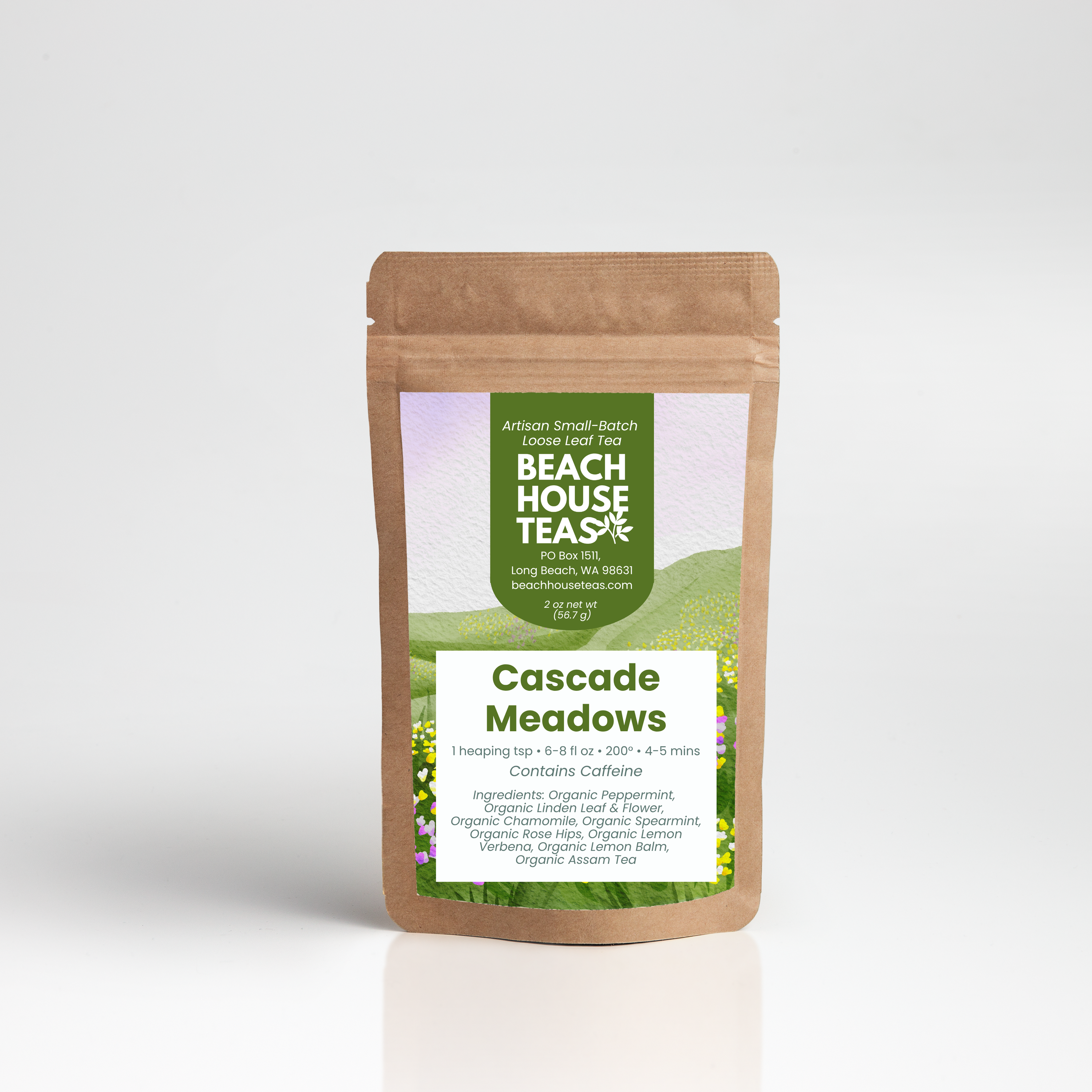 Beach House Teas Cascade Meadows tea package on a white background