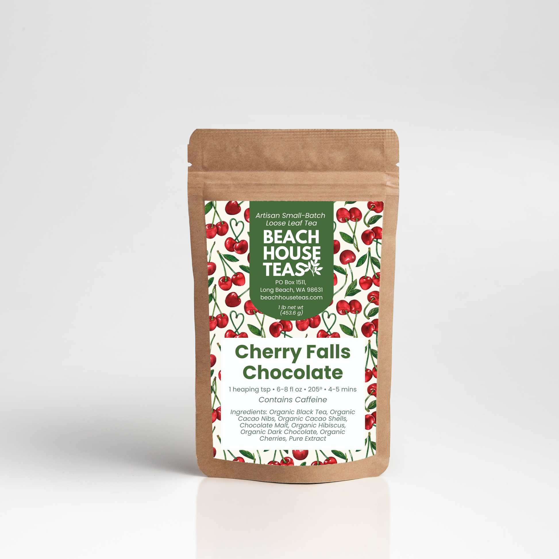 Tea package with cherry design on a white background