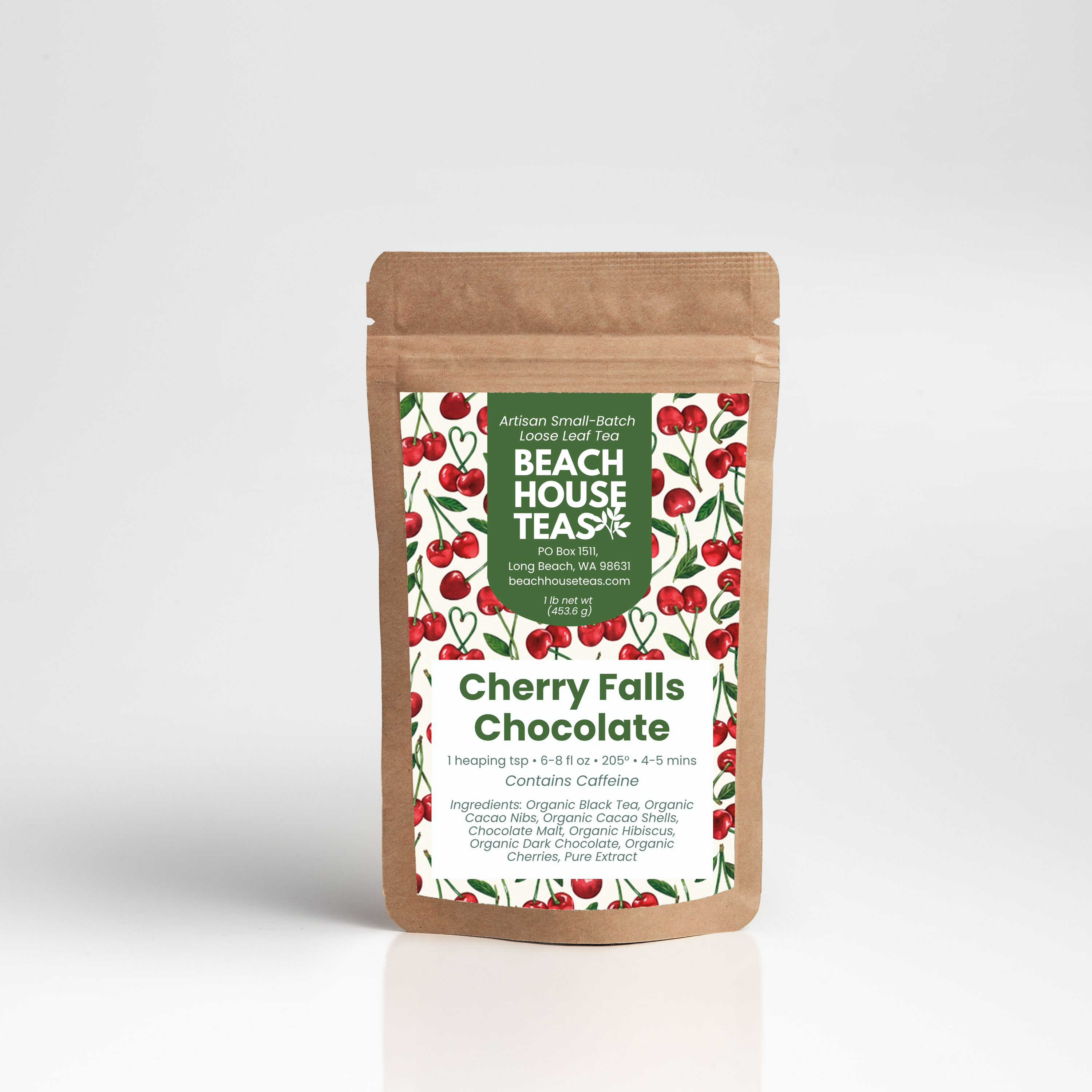 Tea package with cherry design on a white background