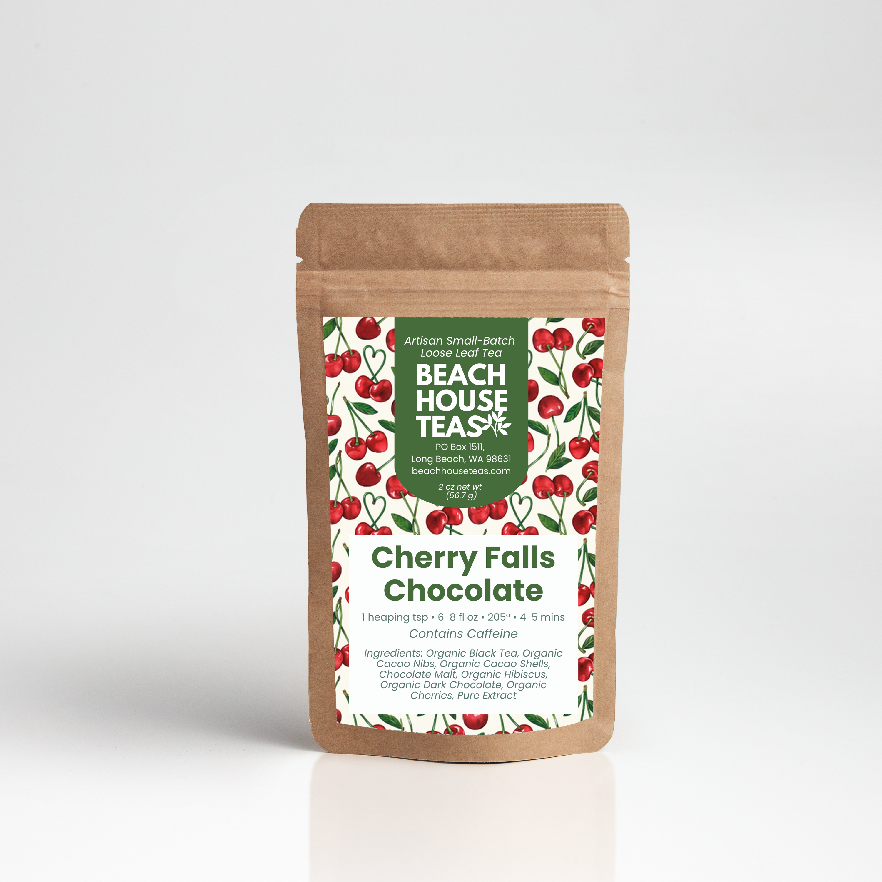 Tea package with cherry design on a white background