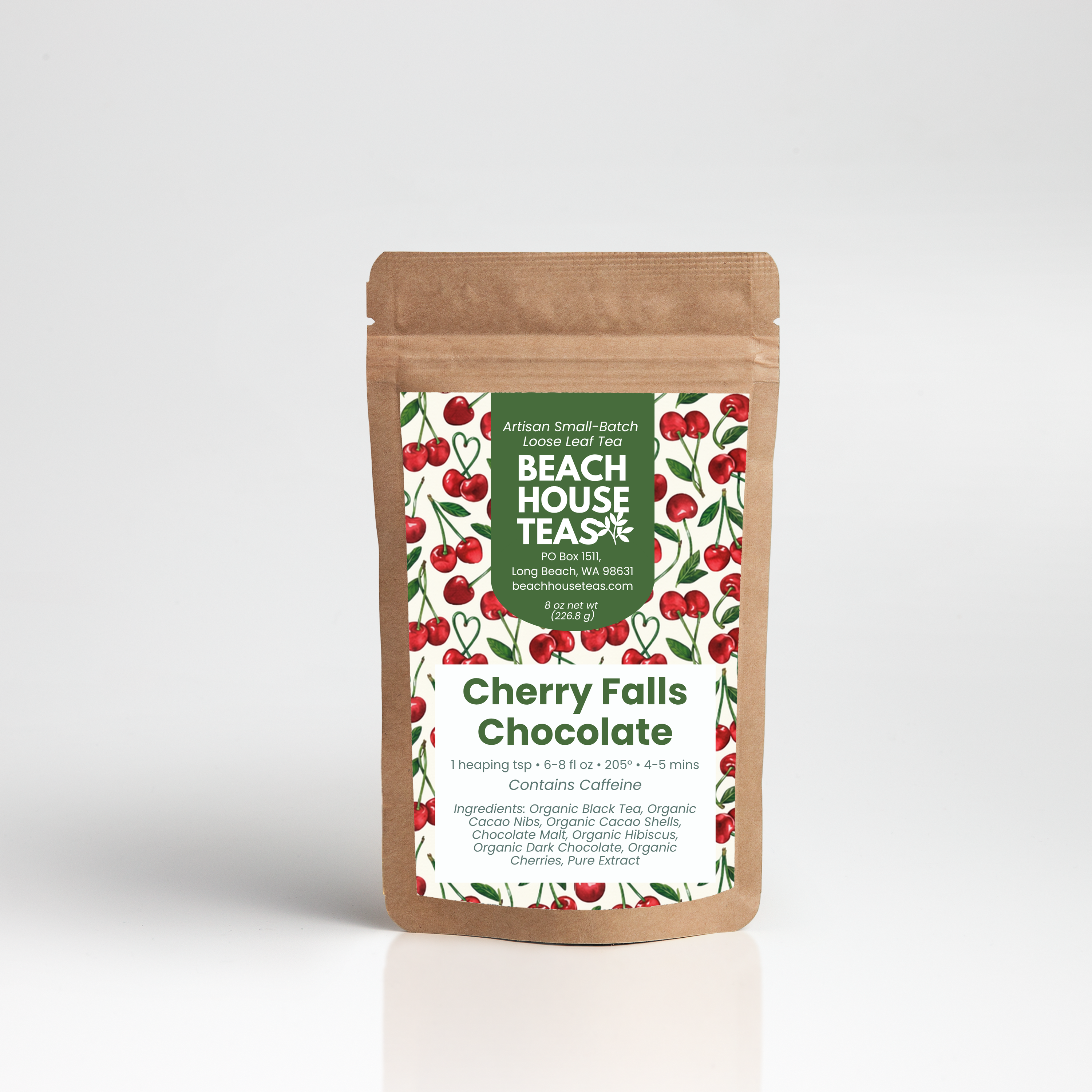 Tea package with cherry design on a white background