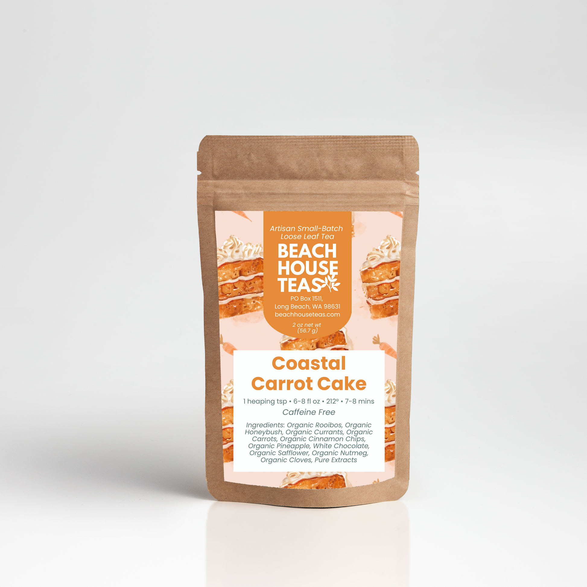 Beach House Teas Coastal Carrot Cake tea package on a white background