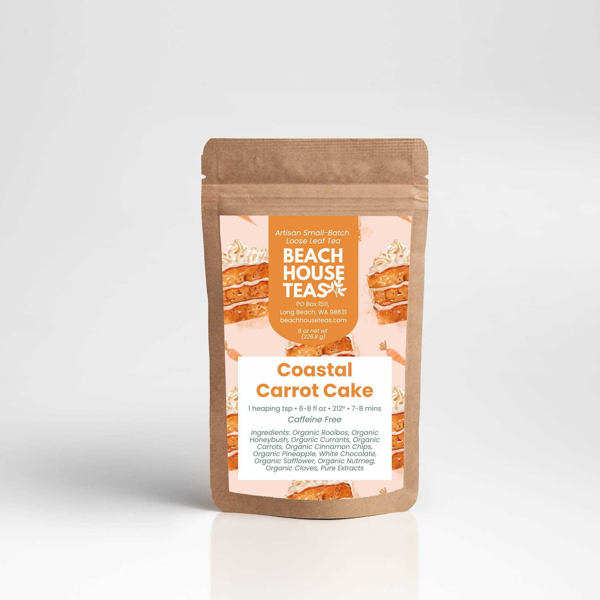 Beach House Teas Coastal Carrot Cake tea package on a white background