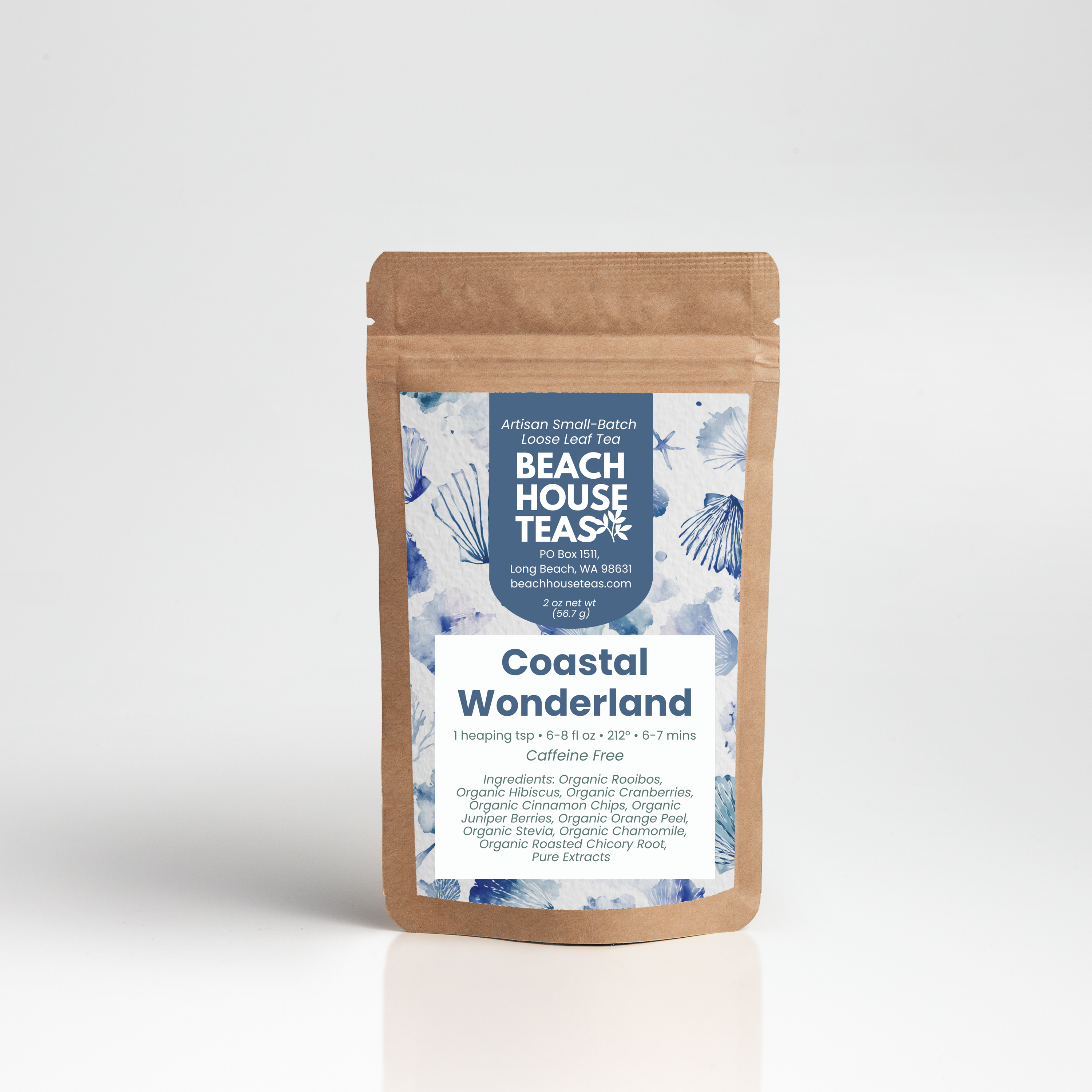 Beach House Teas 'Coastal Wonderland' tea package on a white background