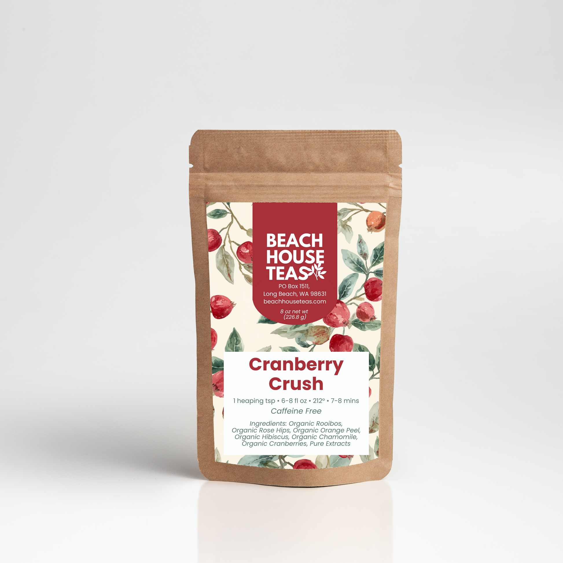 Beach House Teas Cranberry Crush tea package on a white background