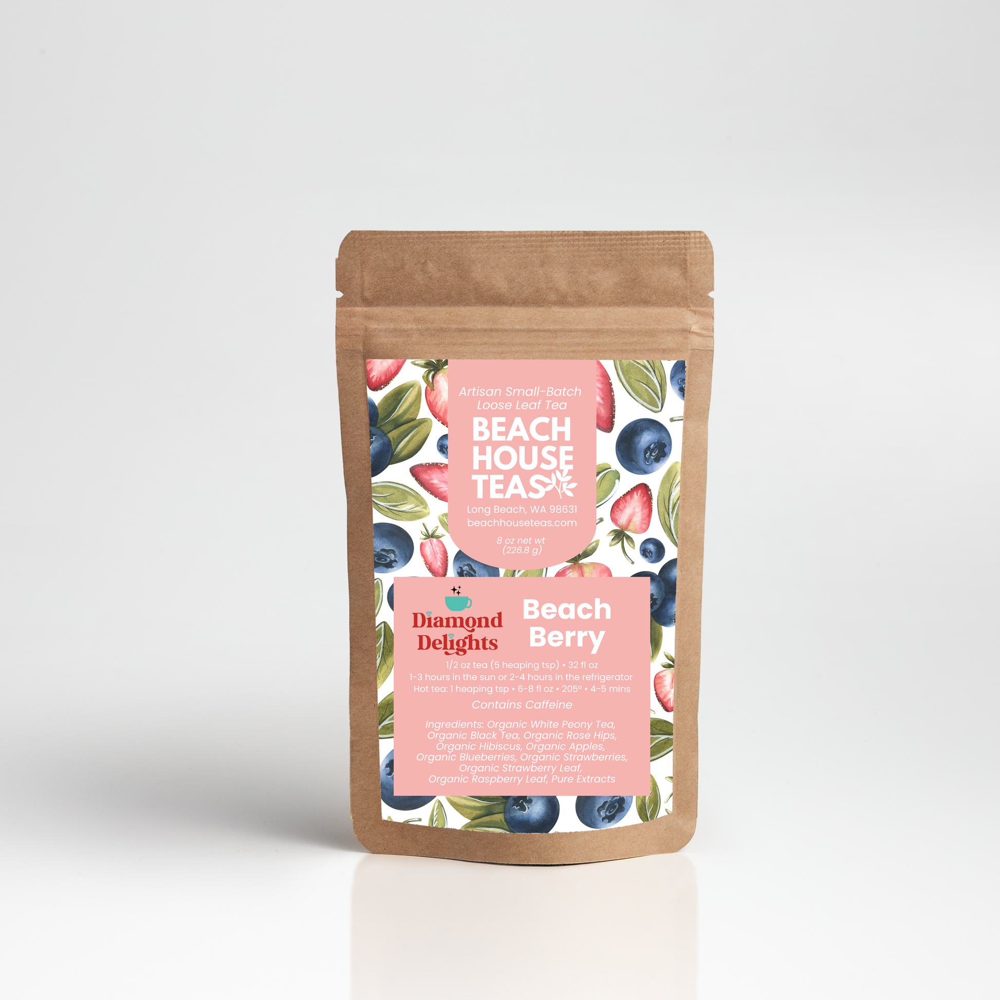 Beach House Tea package with berry design on a white background