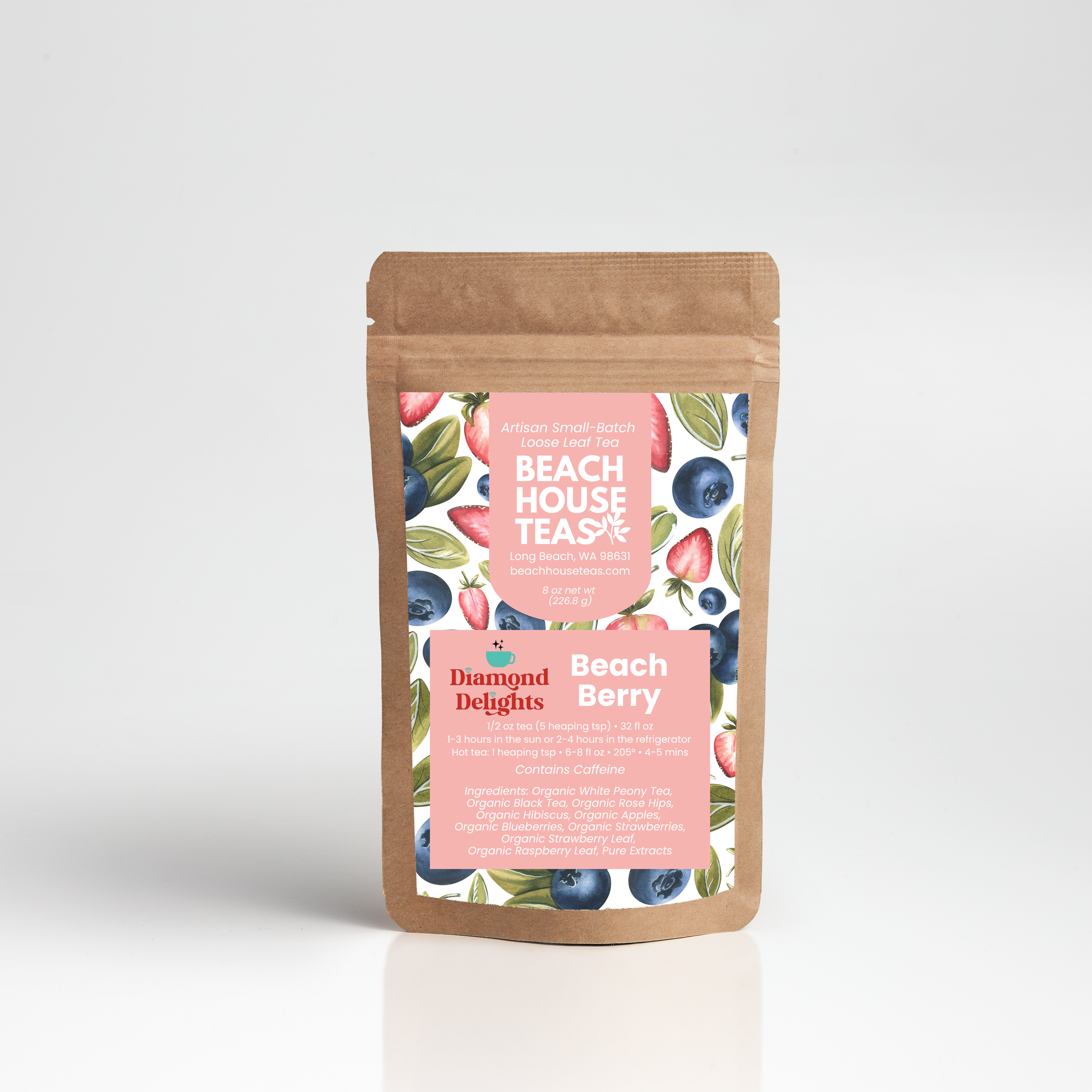Beach House Tea package with berry design on a white background