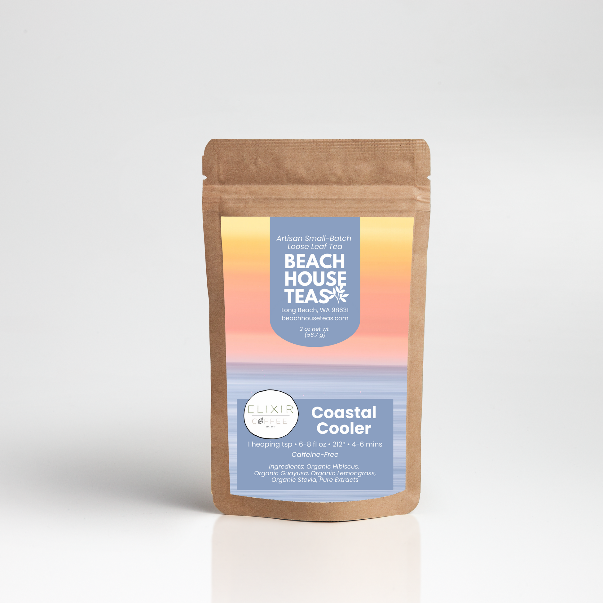 Beach House Teas packaging with a gradient label on a white background