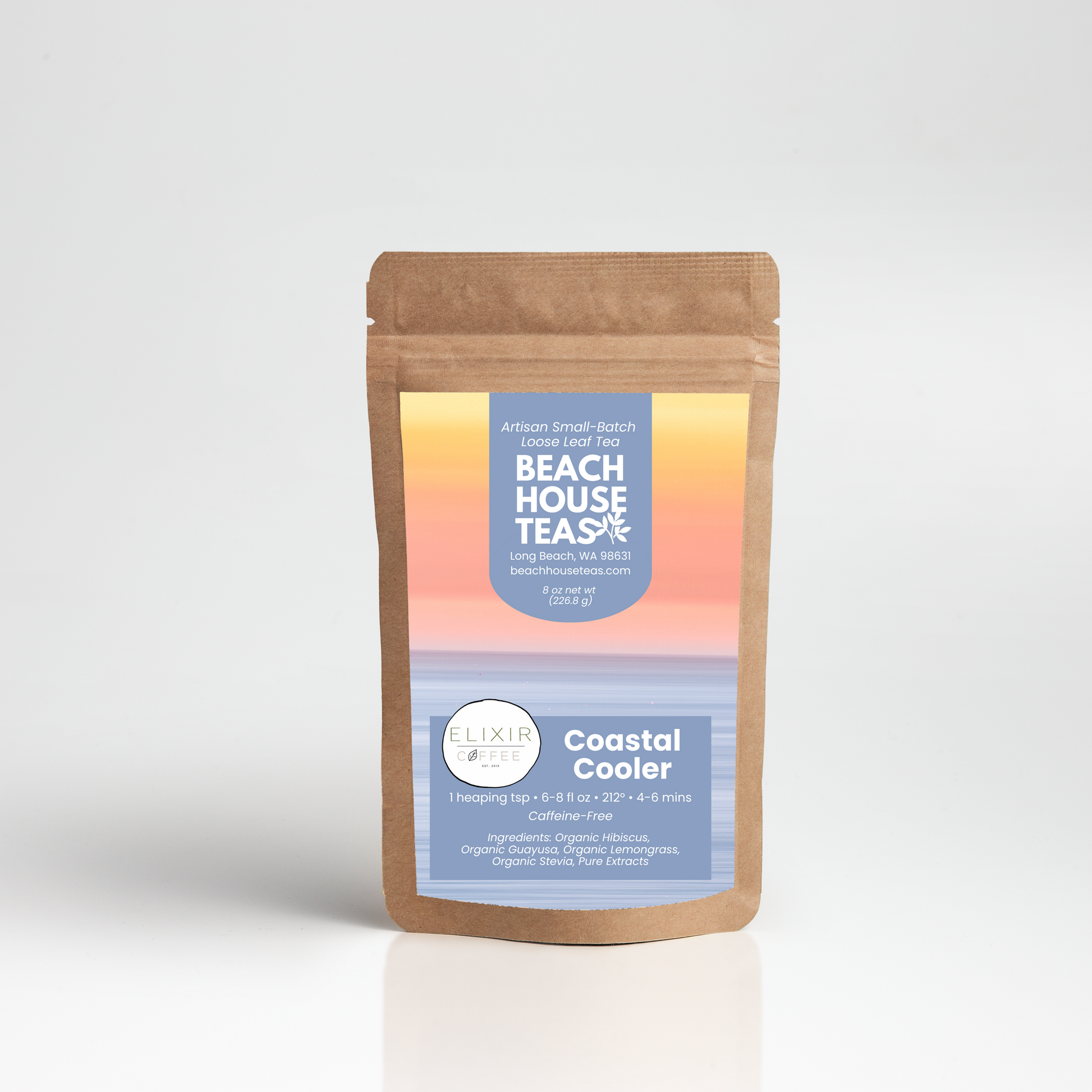 Beach House Teas packaging with a gradient label on a white background