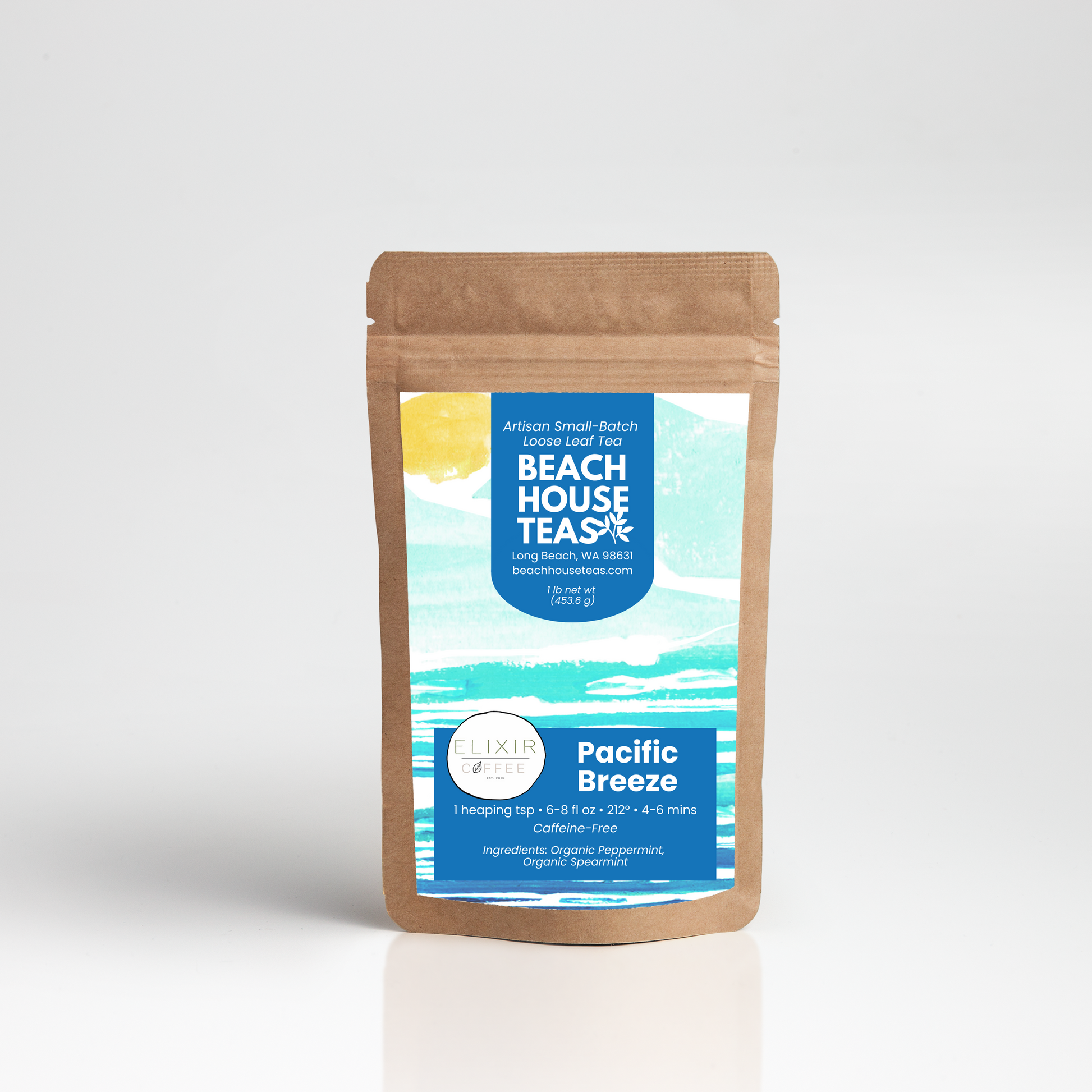 Beach House Teas Pacific Breeze tea package on a white background
