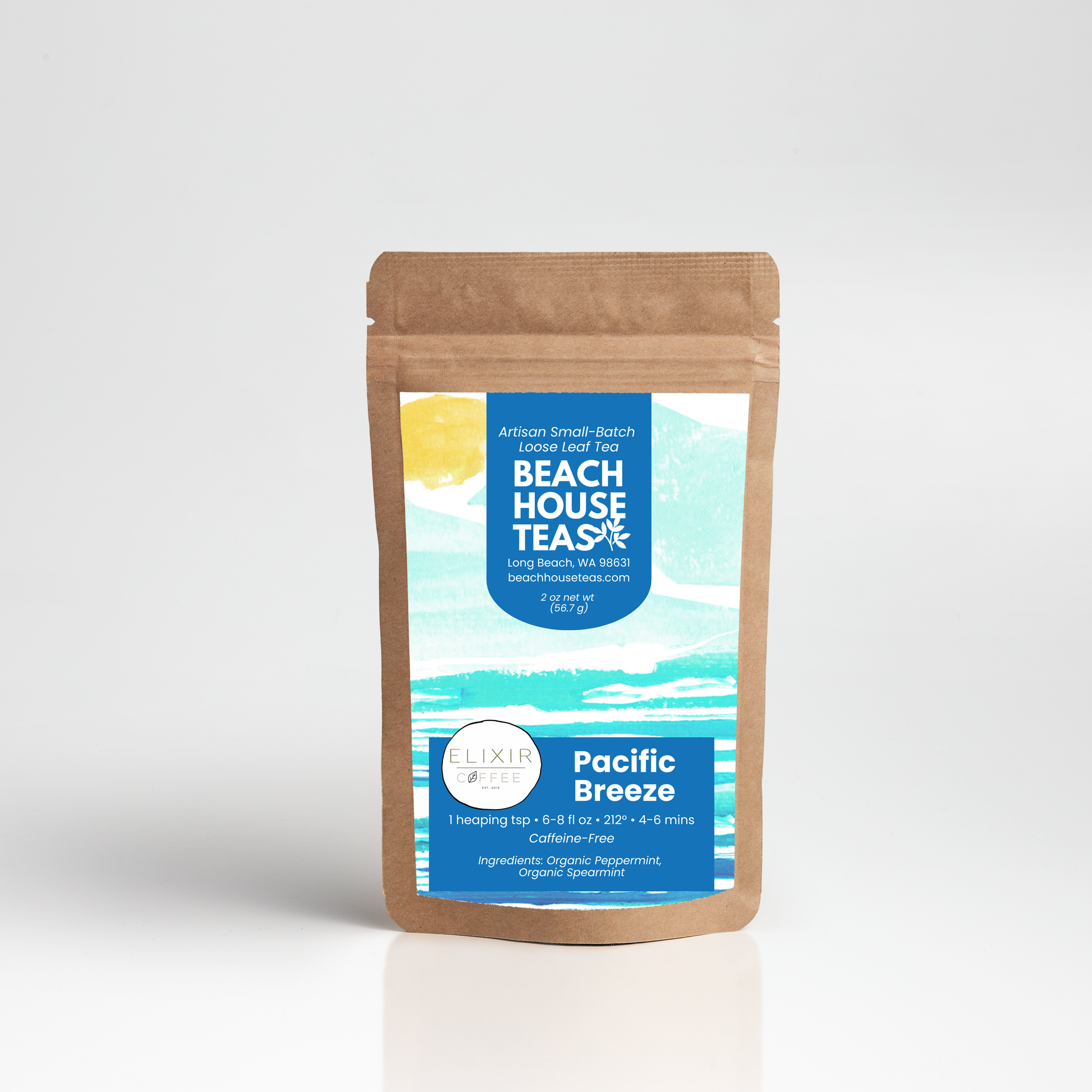 Beach House Teas Pacific Breeze tea package on a white background