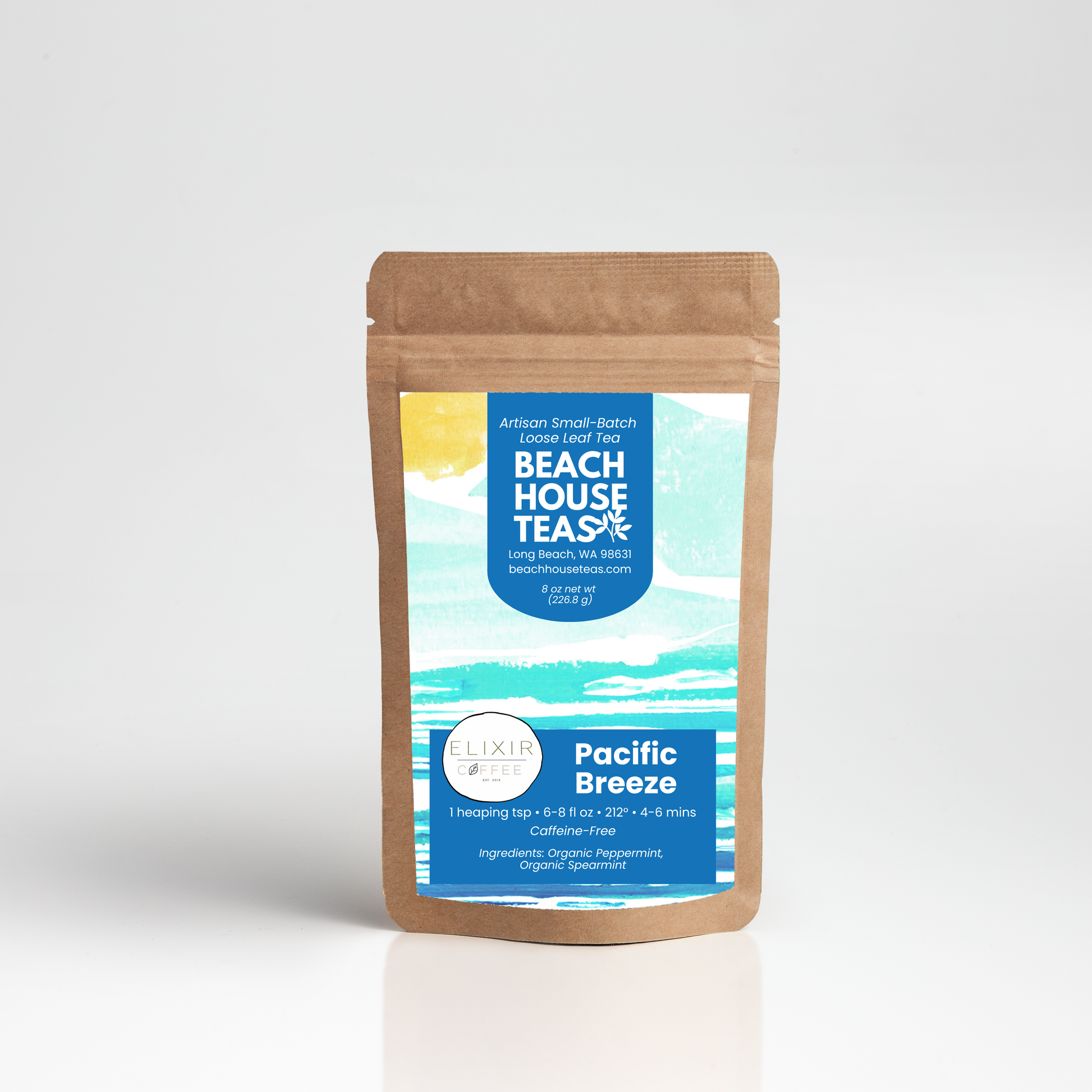 Beach House Teas Pacific Breeze tea package on a white background