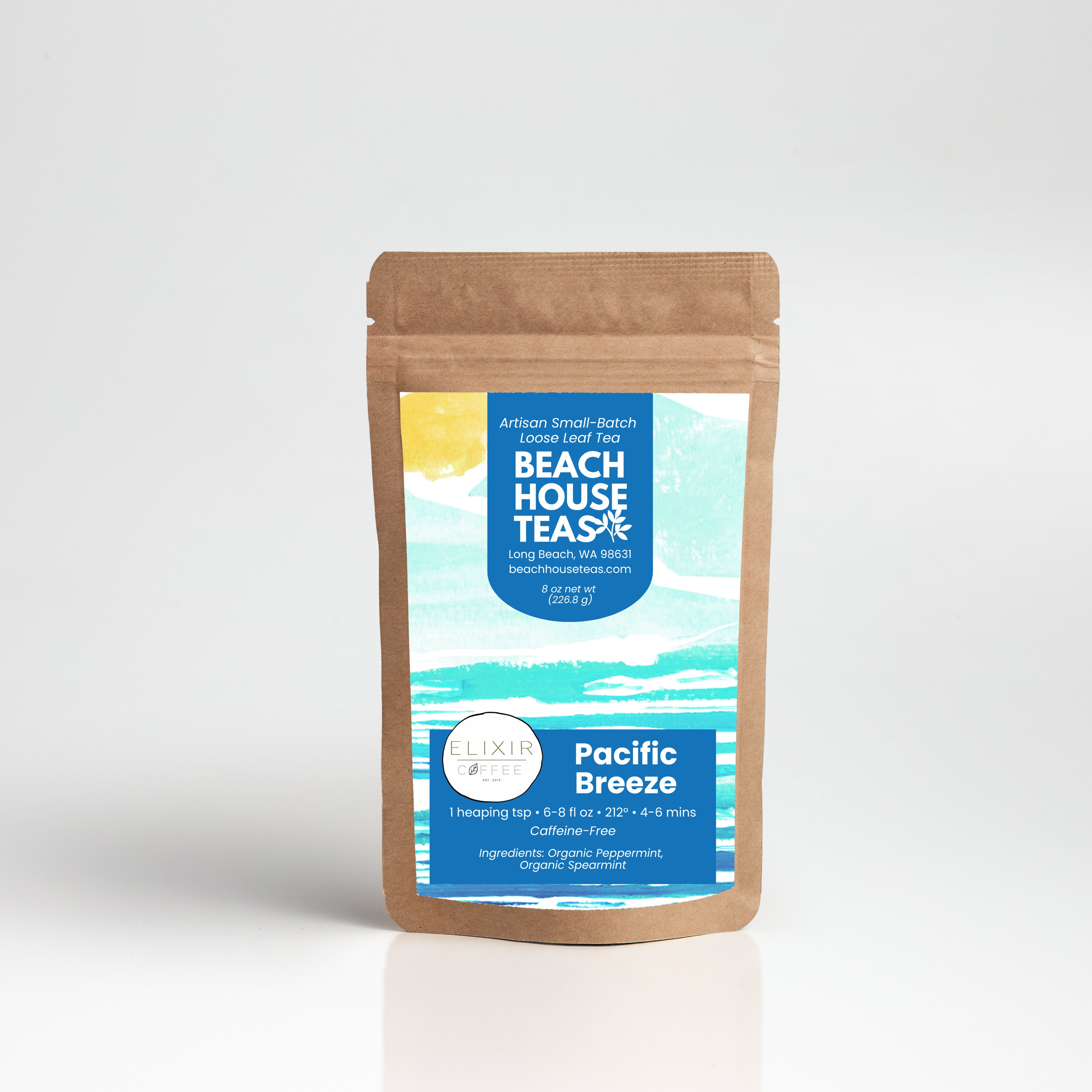 Beach House Teas Pacific Breeze tea package on a white background