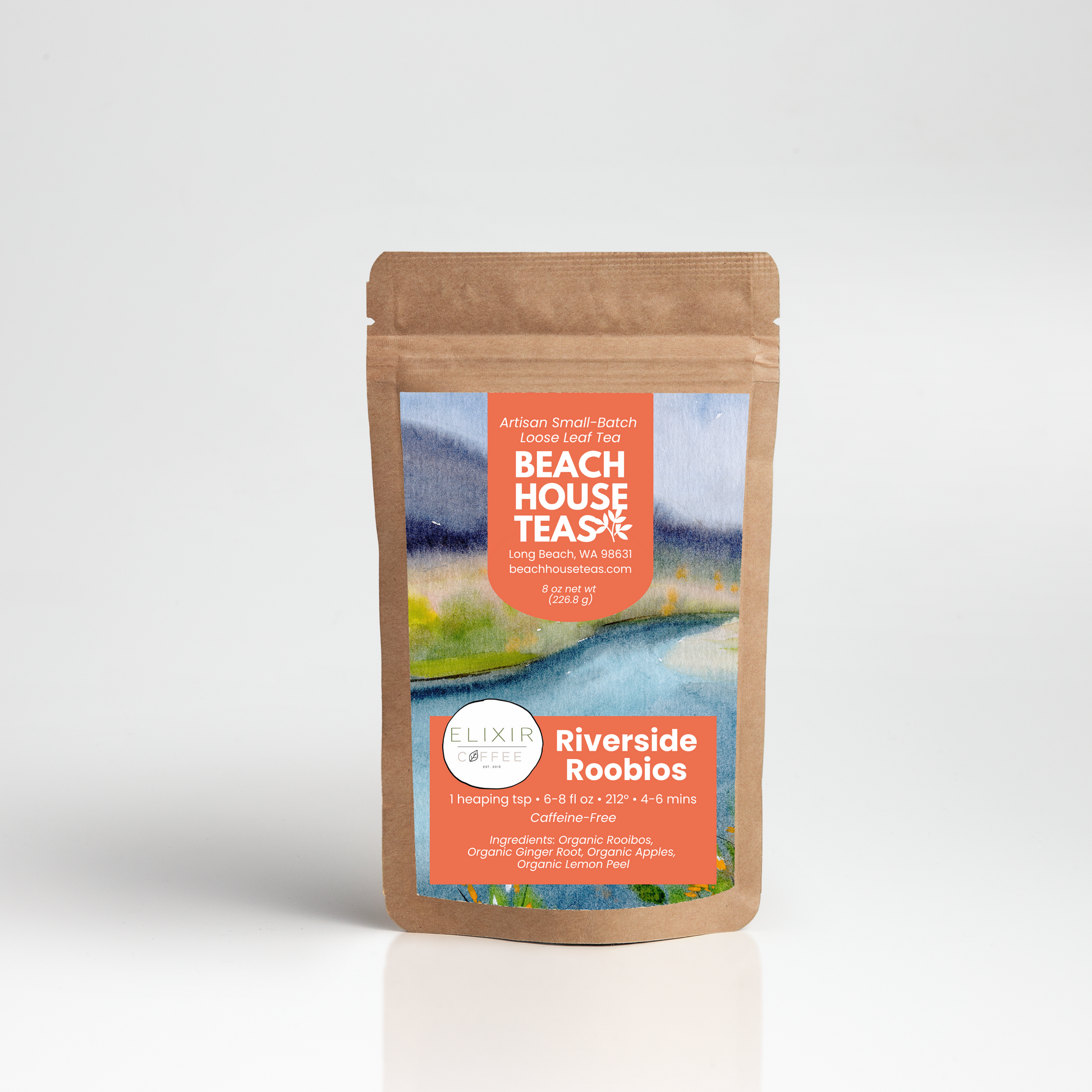 Beach House Teas Riverside Rooibos tea package on a white background