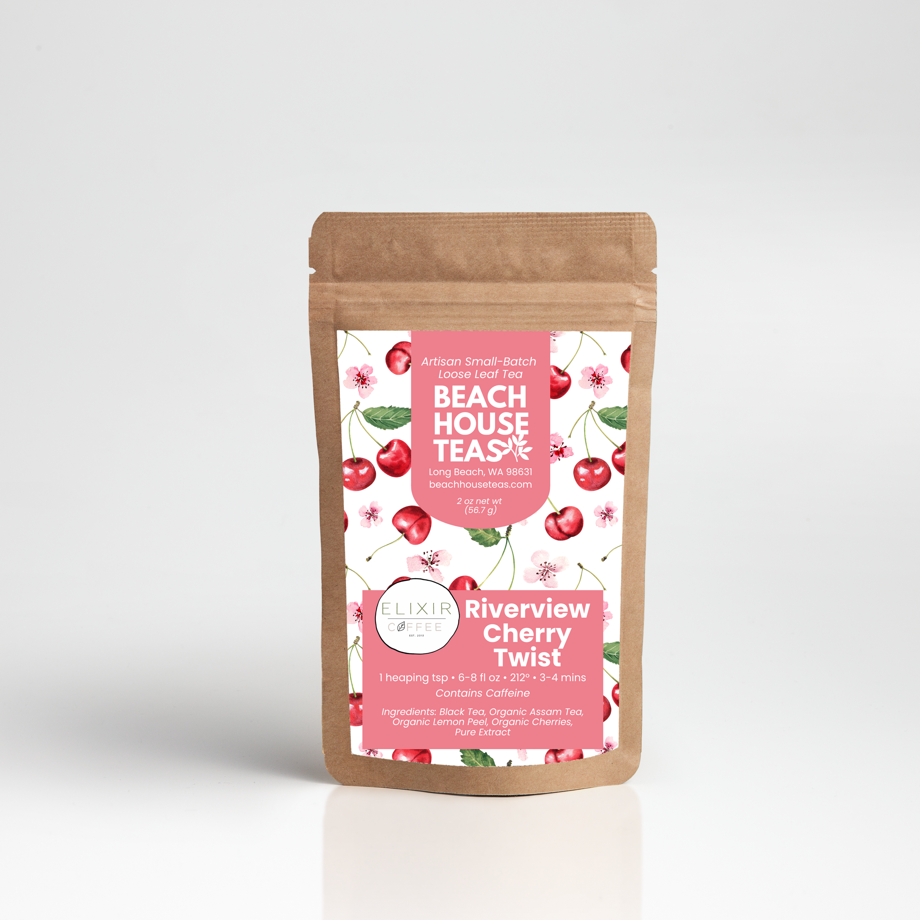 Beach House Teas Riverview Cherry Twist tea package on a white background