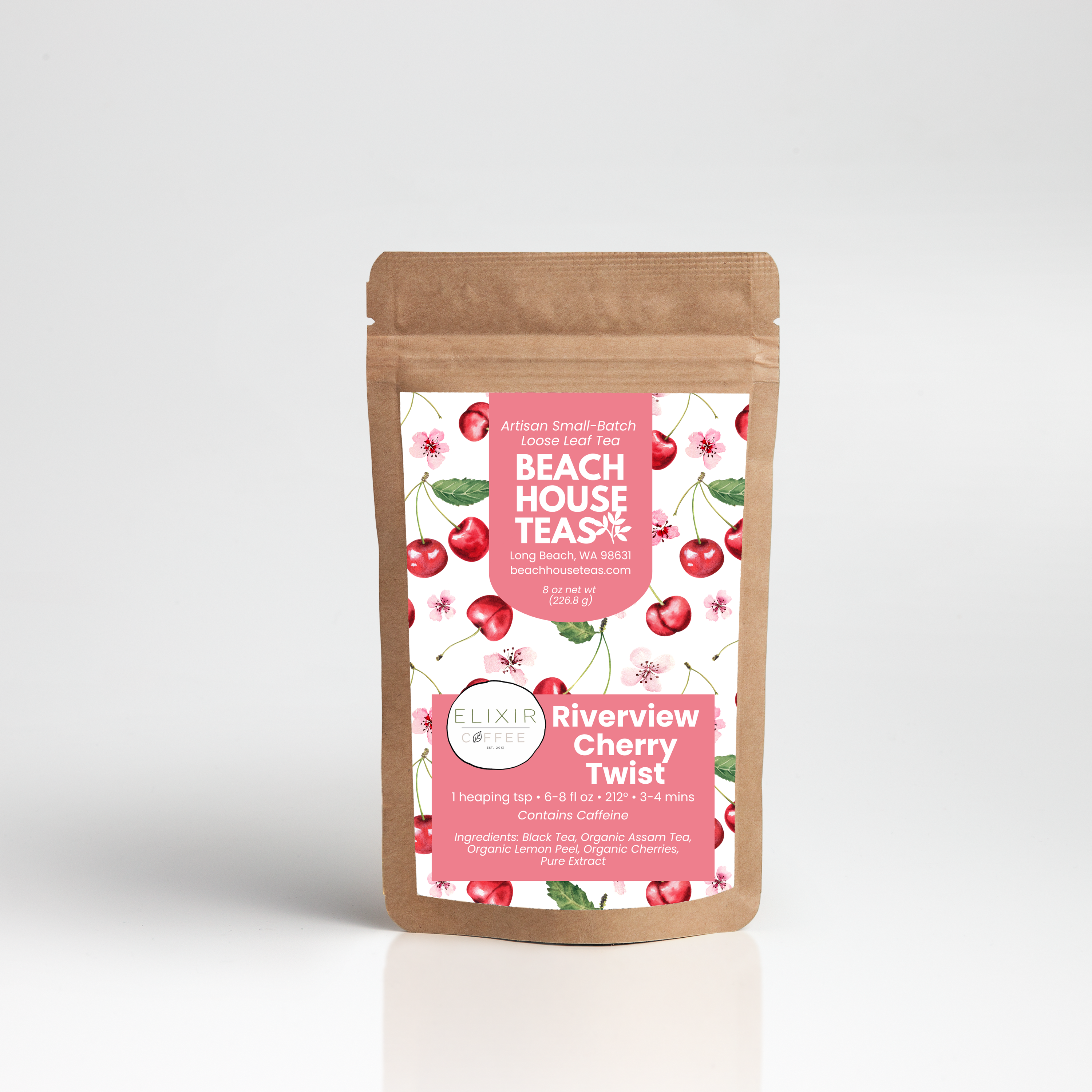 Packaged tea with cherry design on a white background