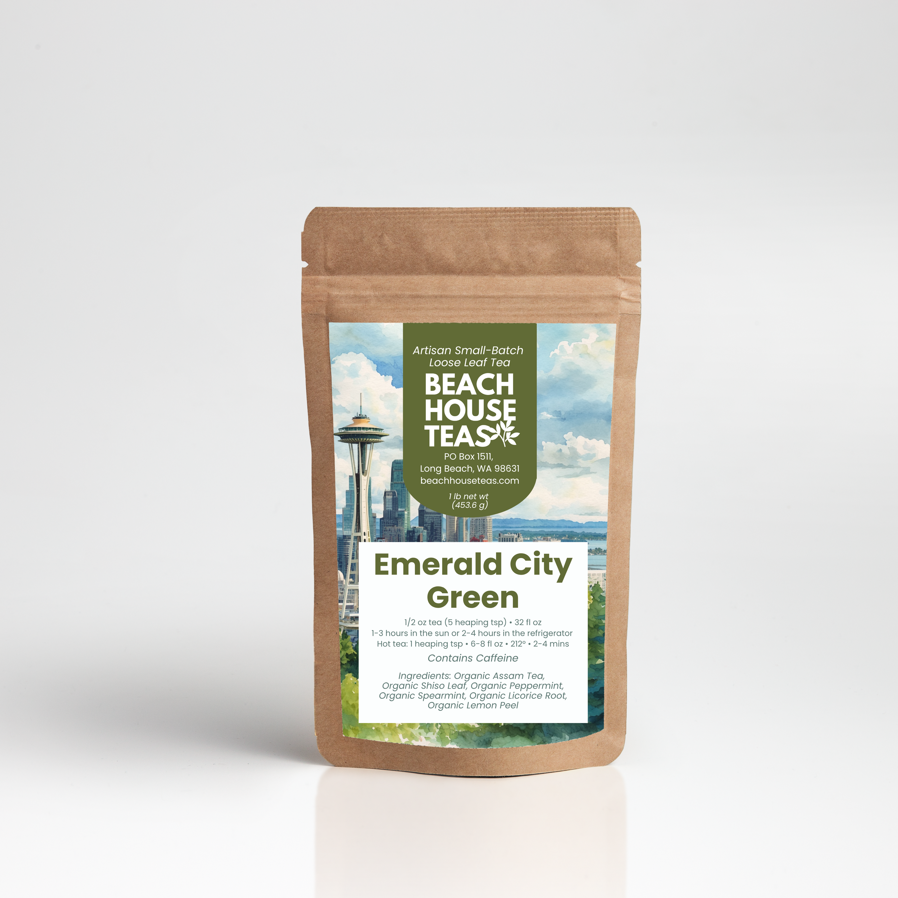Beach House Teas 'Emerald City Green' tea package on a white background