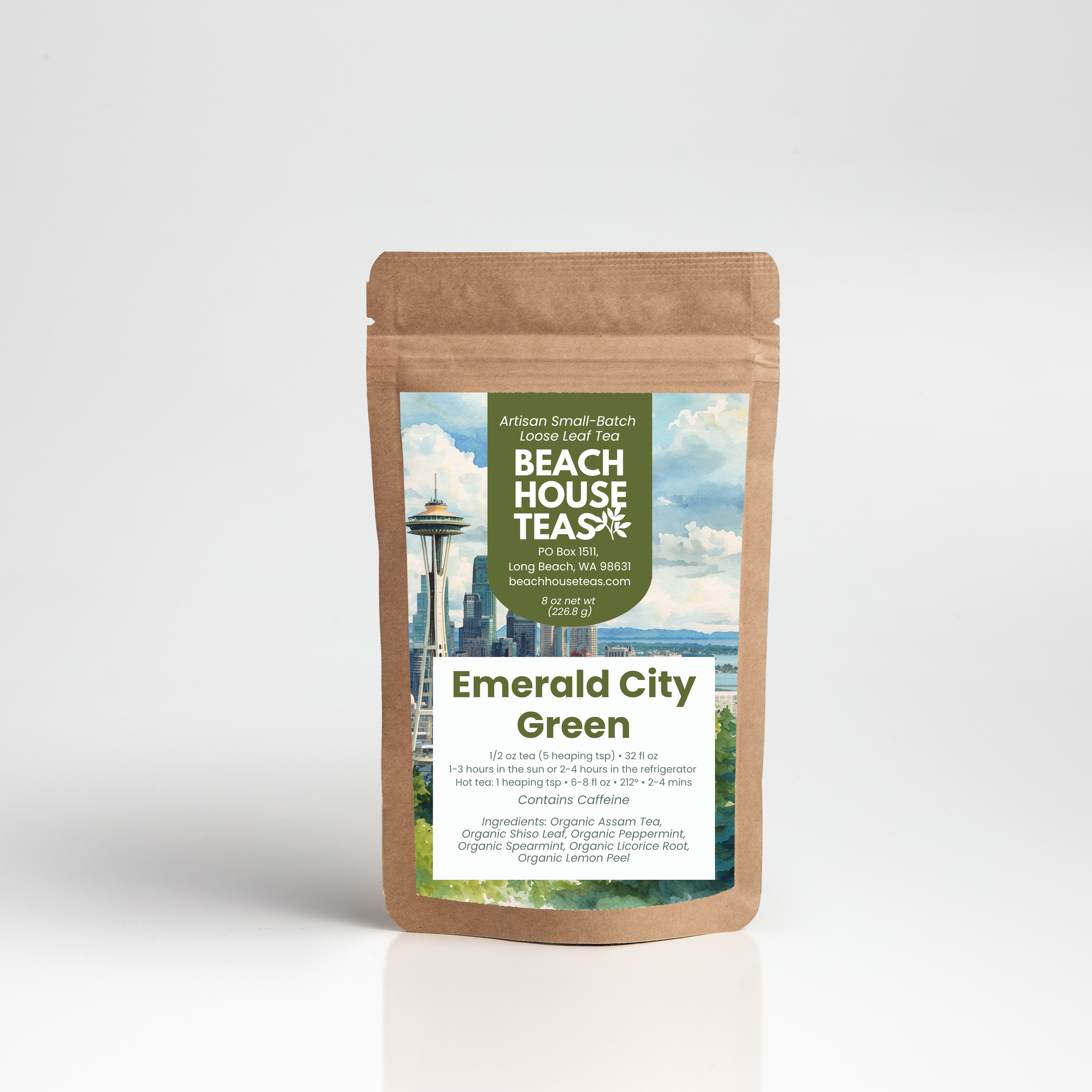 Beach House Teas Emerald City Green tea package on a white background