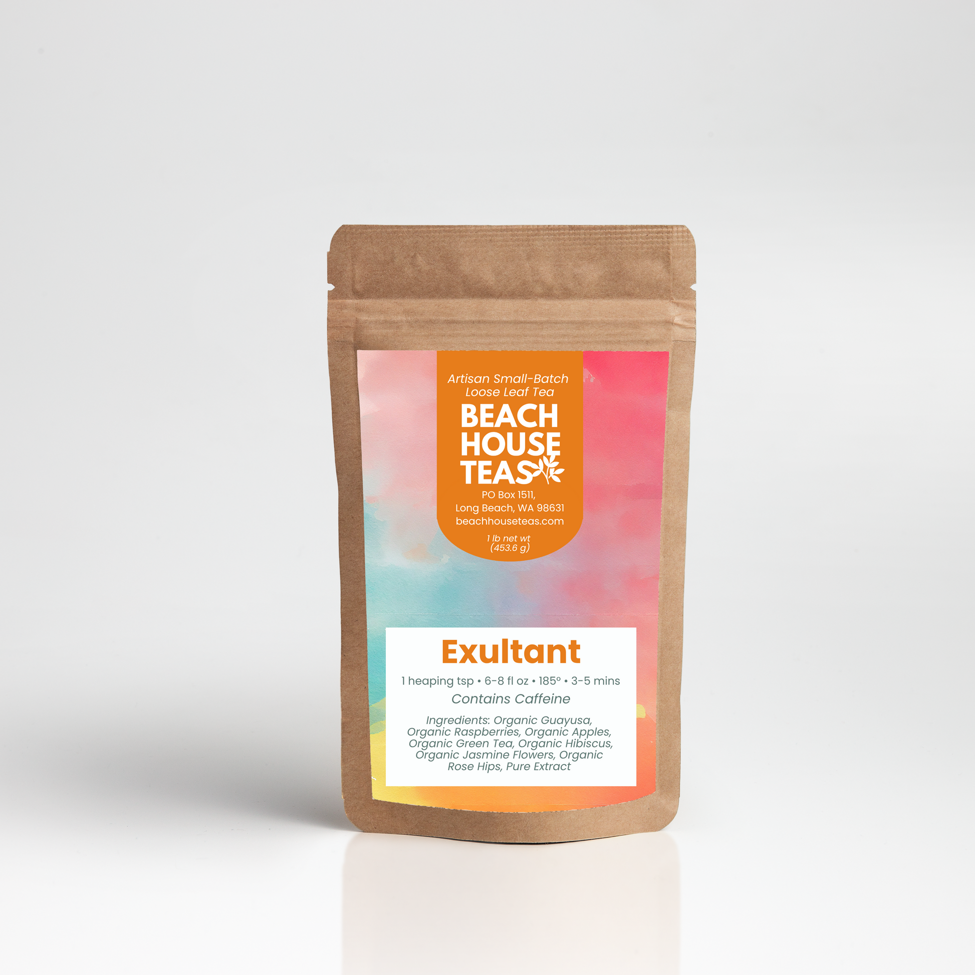Exultant tea label on kraft pouch on white background