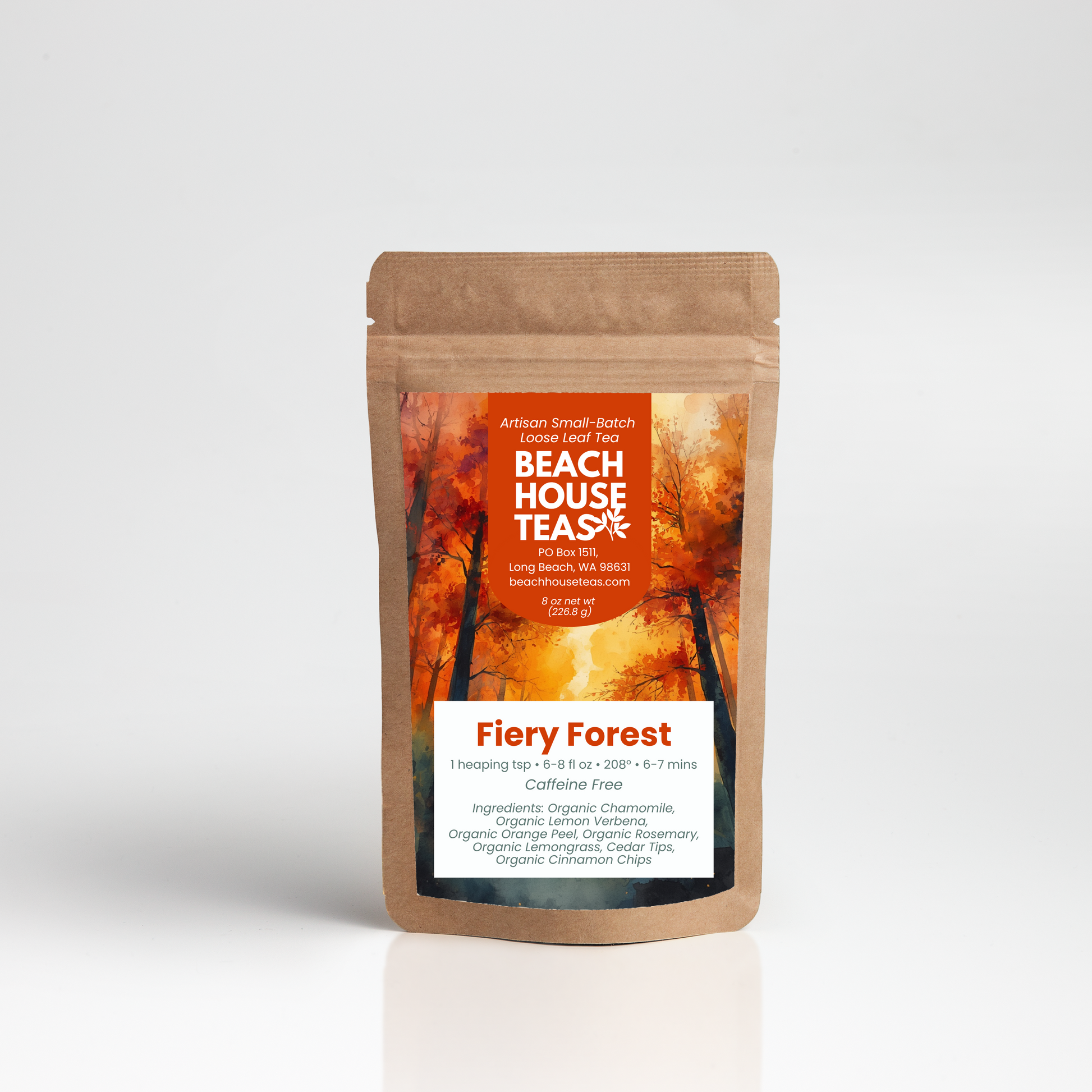 Beach House Teas Fiery Forest on pouch, white background
