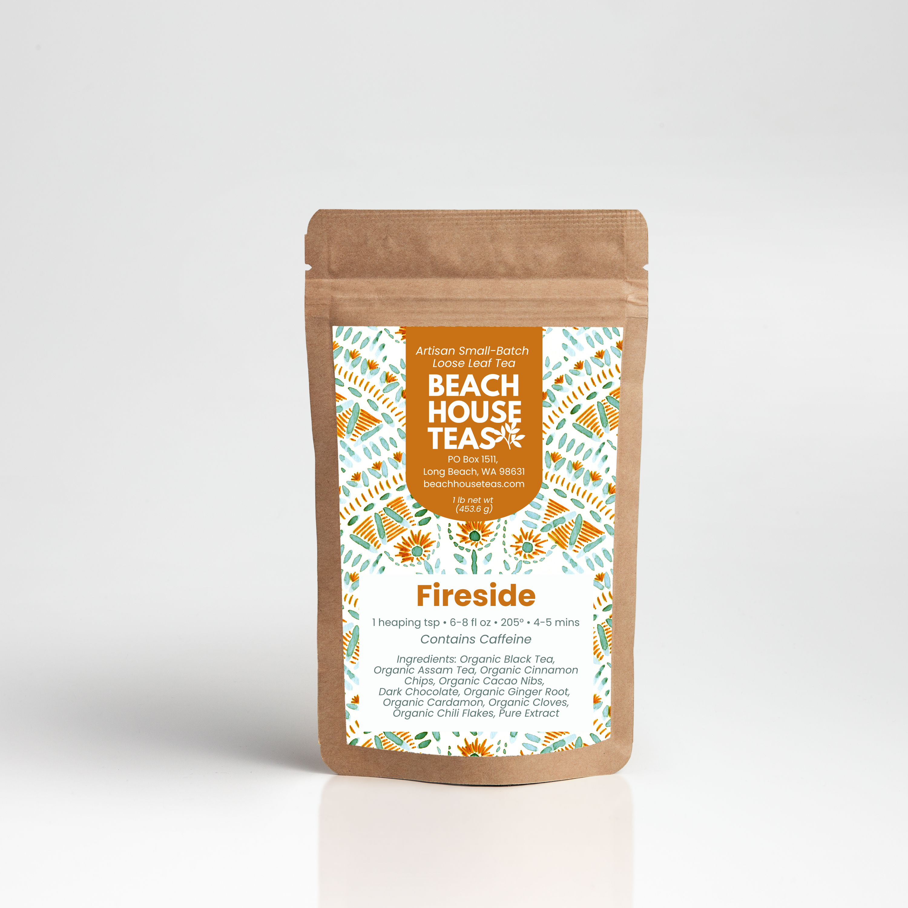 Beach House Teas 'Fireside' tea package on a white background