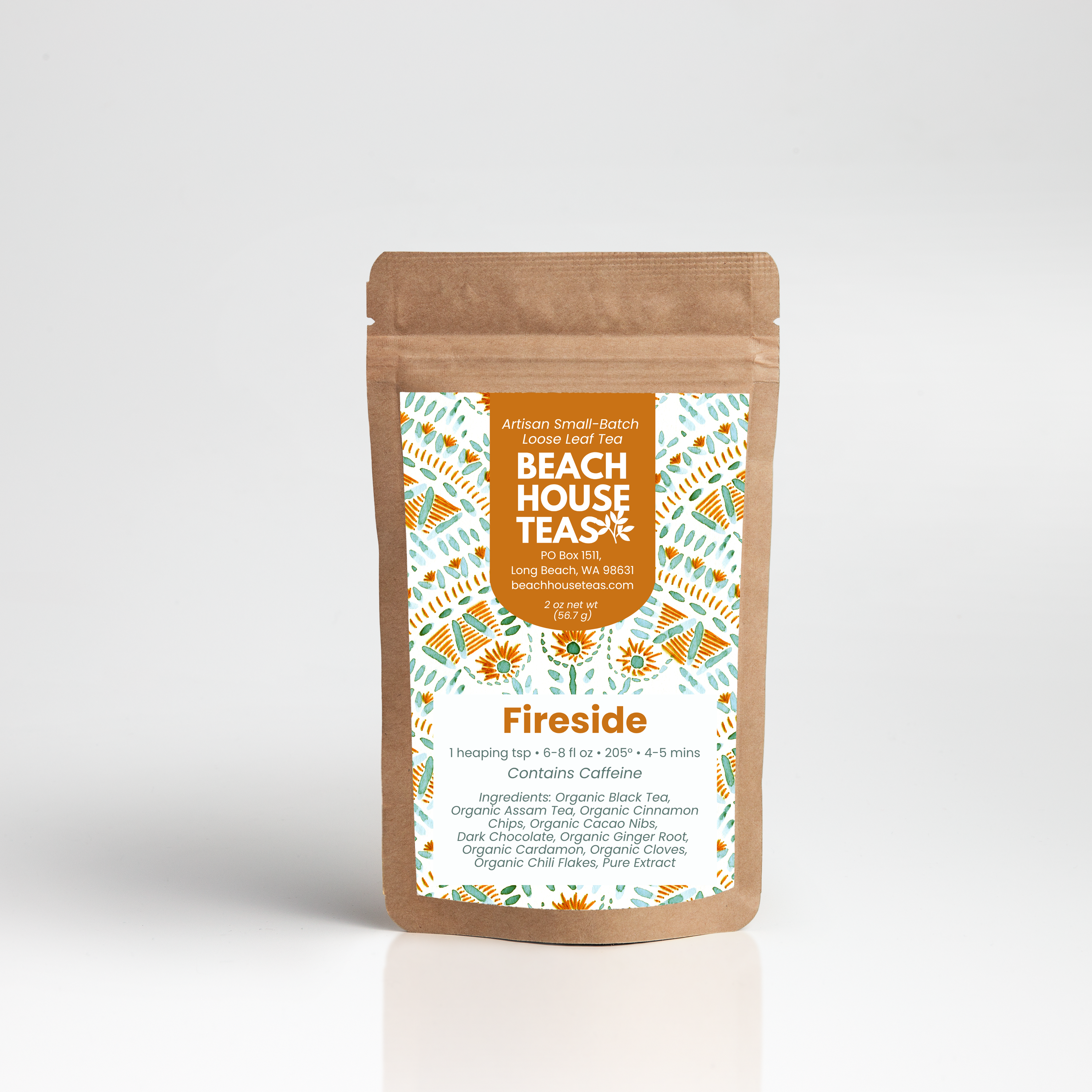 A kraft paper stand-up pouch of Beach House Tea's Fireside herbal tea, featuring a decorative white label with orange and teal patterns, set against a clean white background.