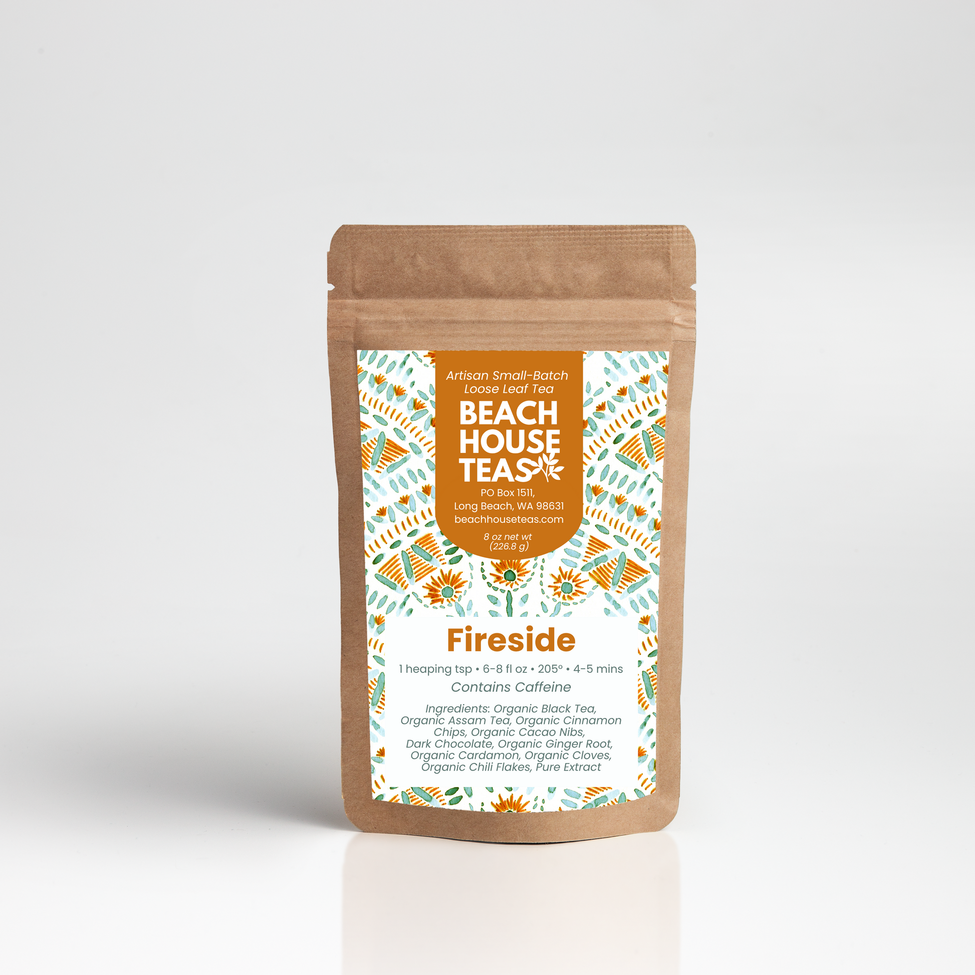 Beach House Teas 'Fireside' tea package on a white background