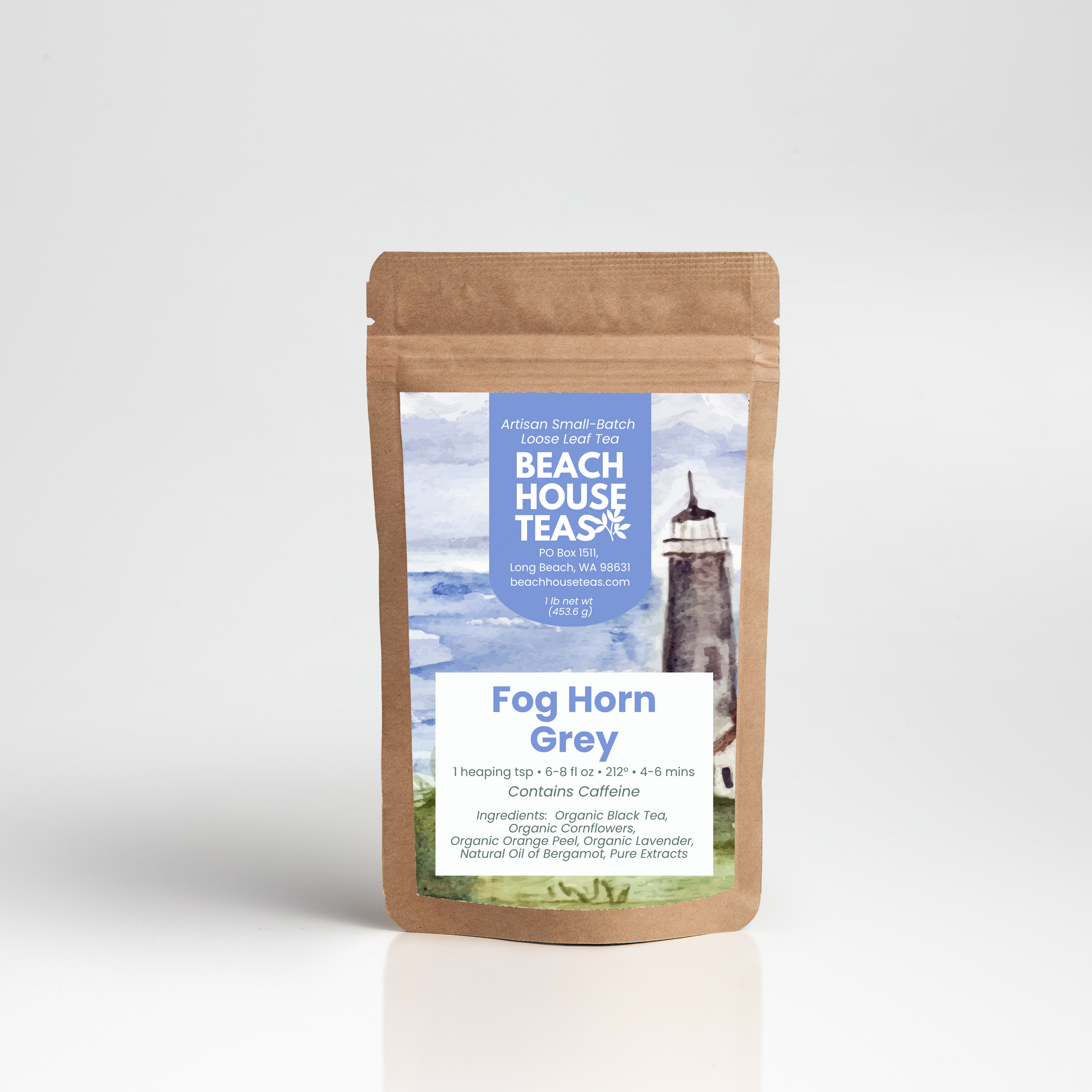 Beach House Teas Fog Horn Grey tea package on a white background