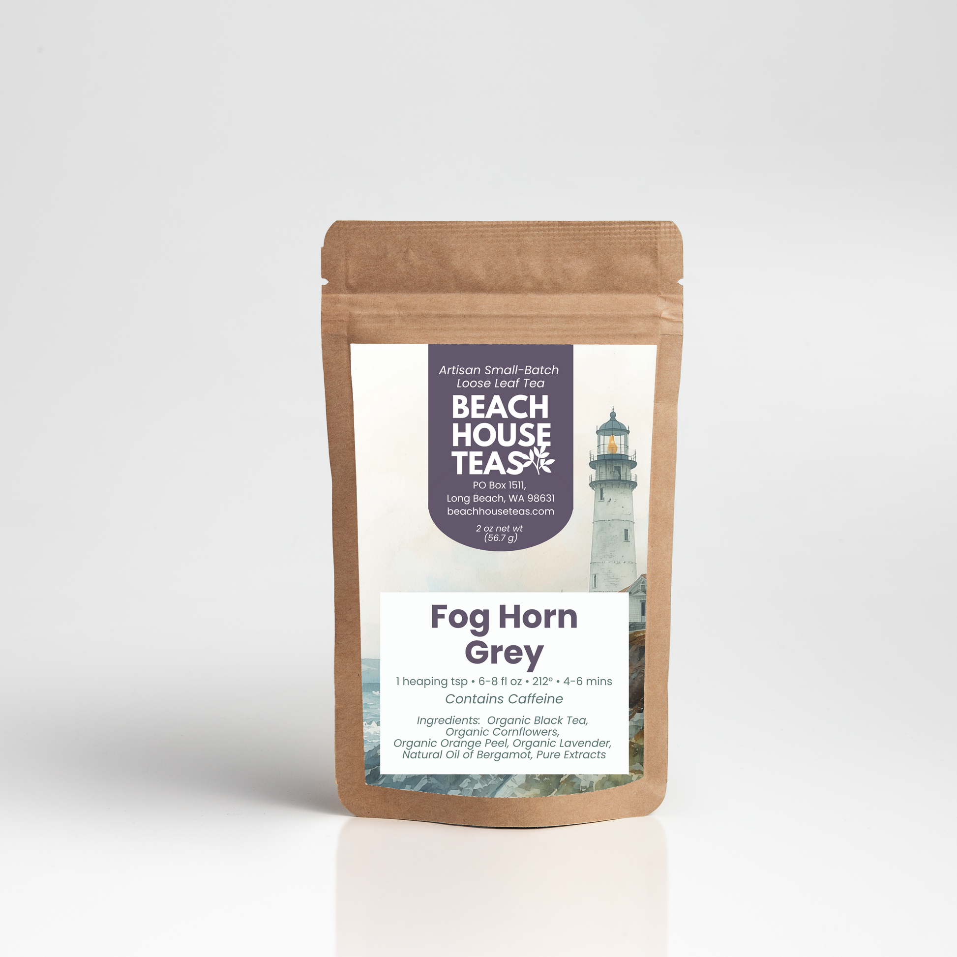 Beach House Teas Fog Horn Grey on pouch with white background
