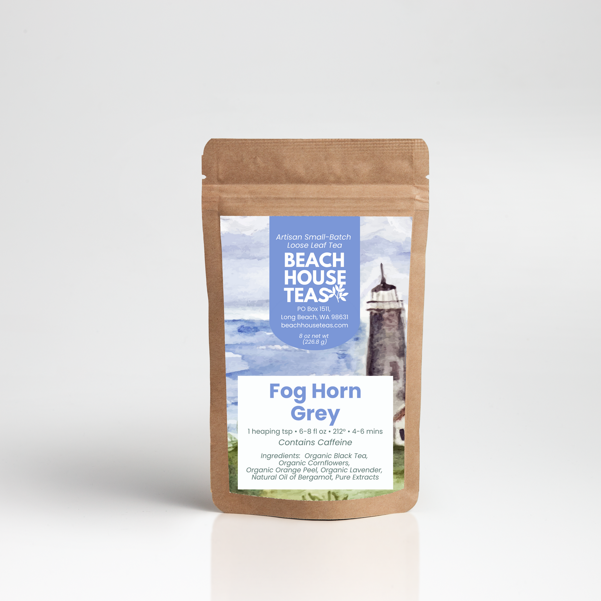 Beach House Teas 'Fog Horn Grey' tea package on a white background