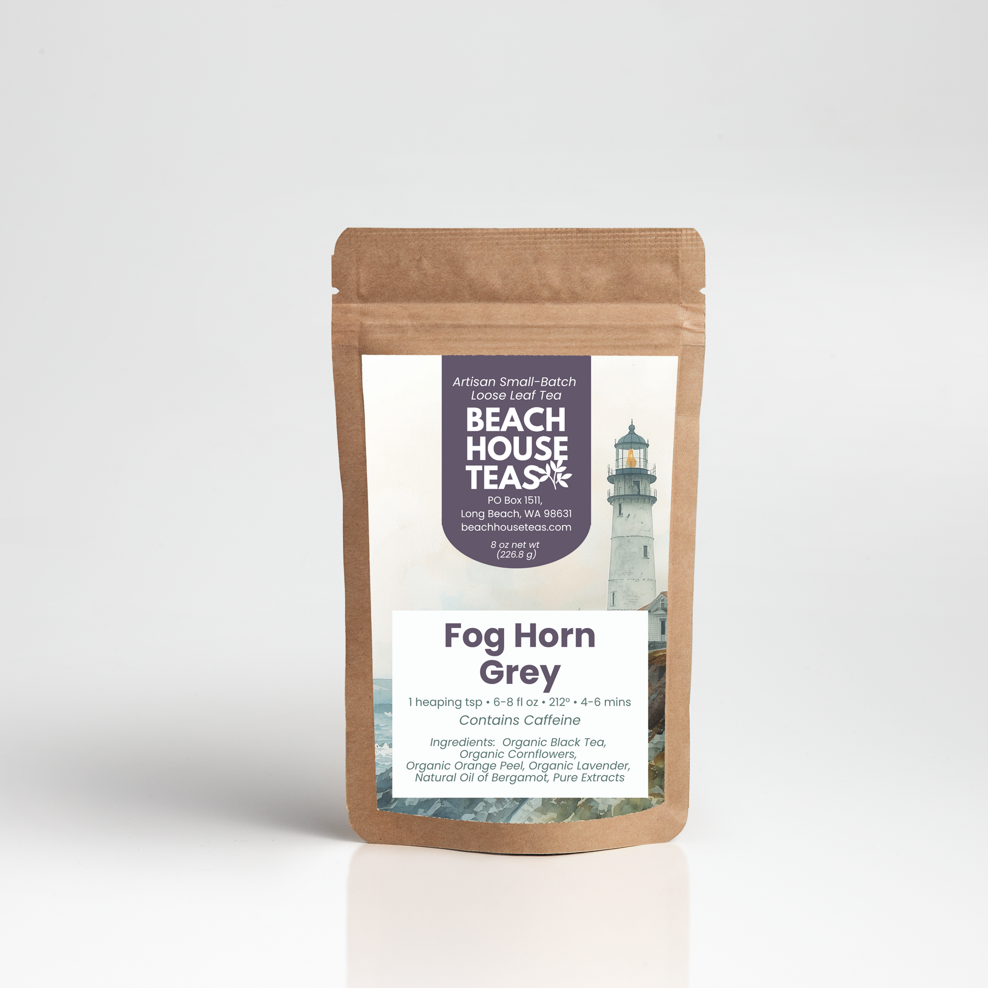Beach House Teas Fog Horn Grey on pouch with white background