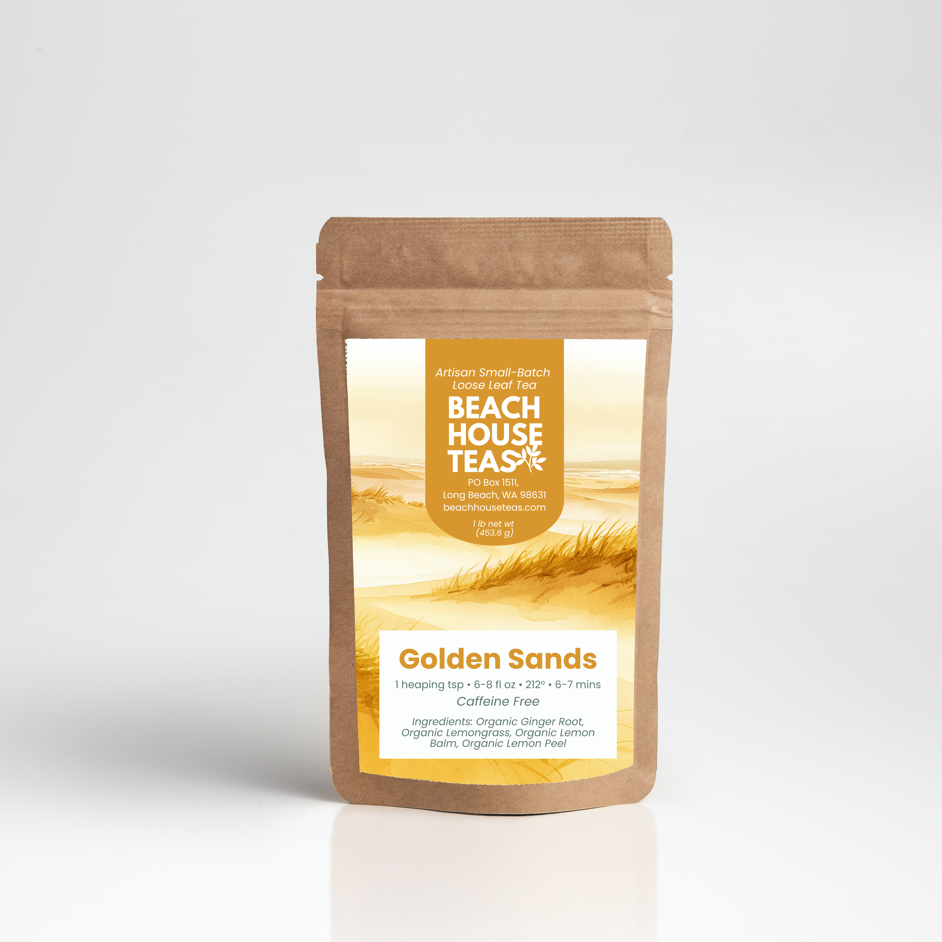 A kraft paper stand-up pouch of Beach House Tea% Golden Sands loose leaf tea, set against a clean white studio background with a subtle reflection.