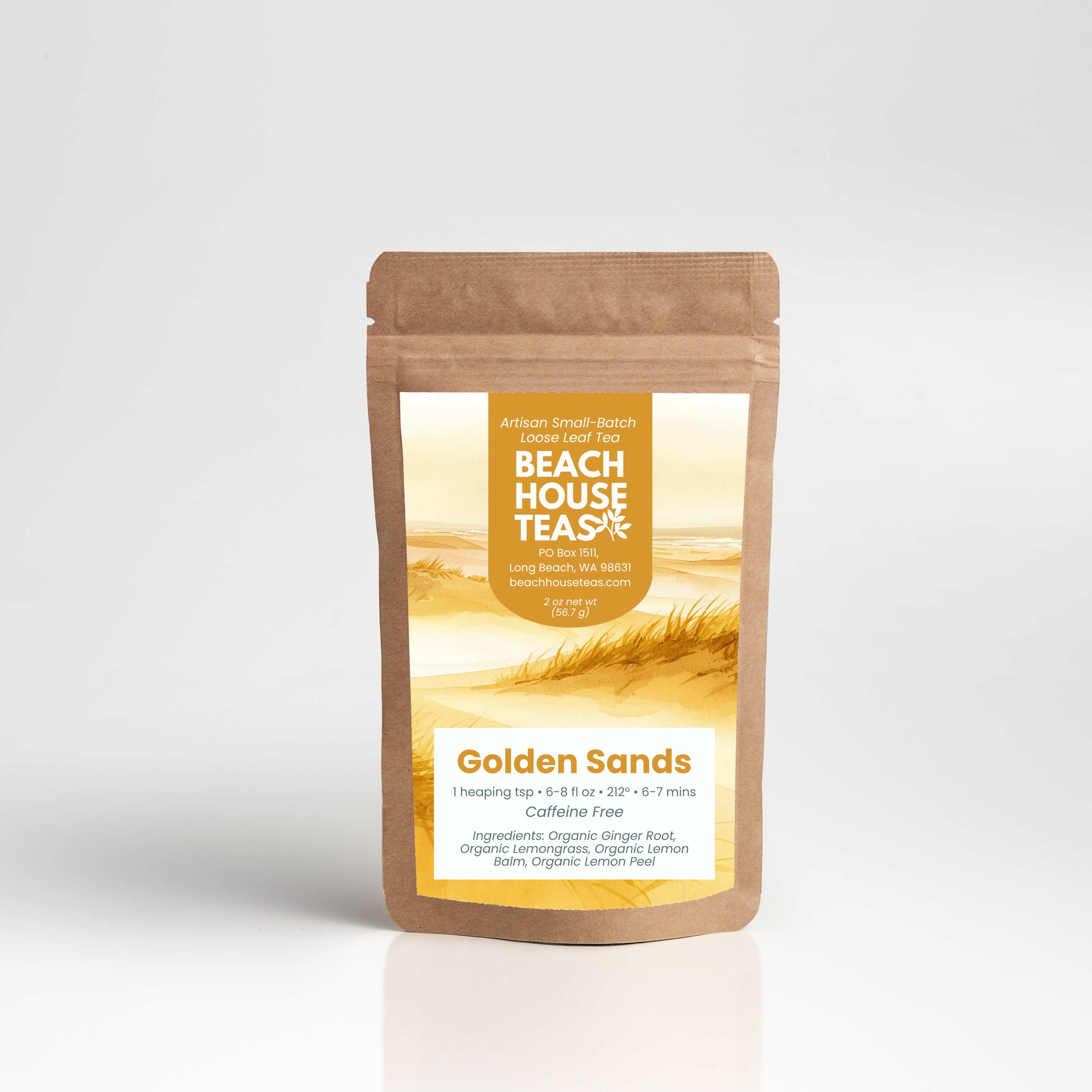 A stand-up kraft paper pouch of Beach House Teas Golden Sands herbal tea, featuring a warm yellow and orange label with a beach scene graphic, set against a clean white background.