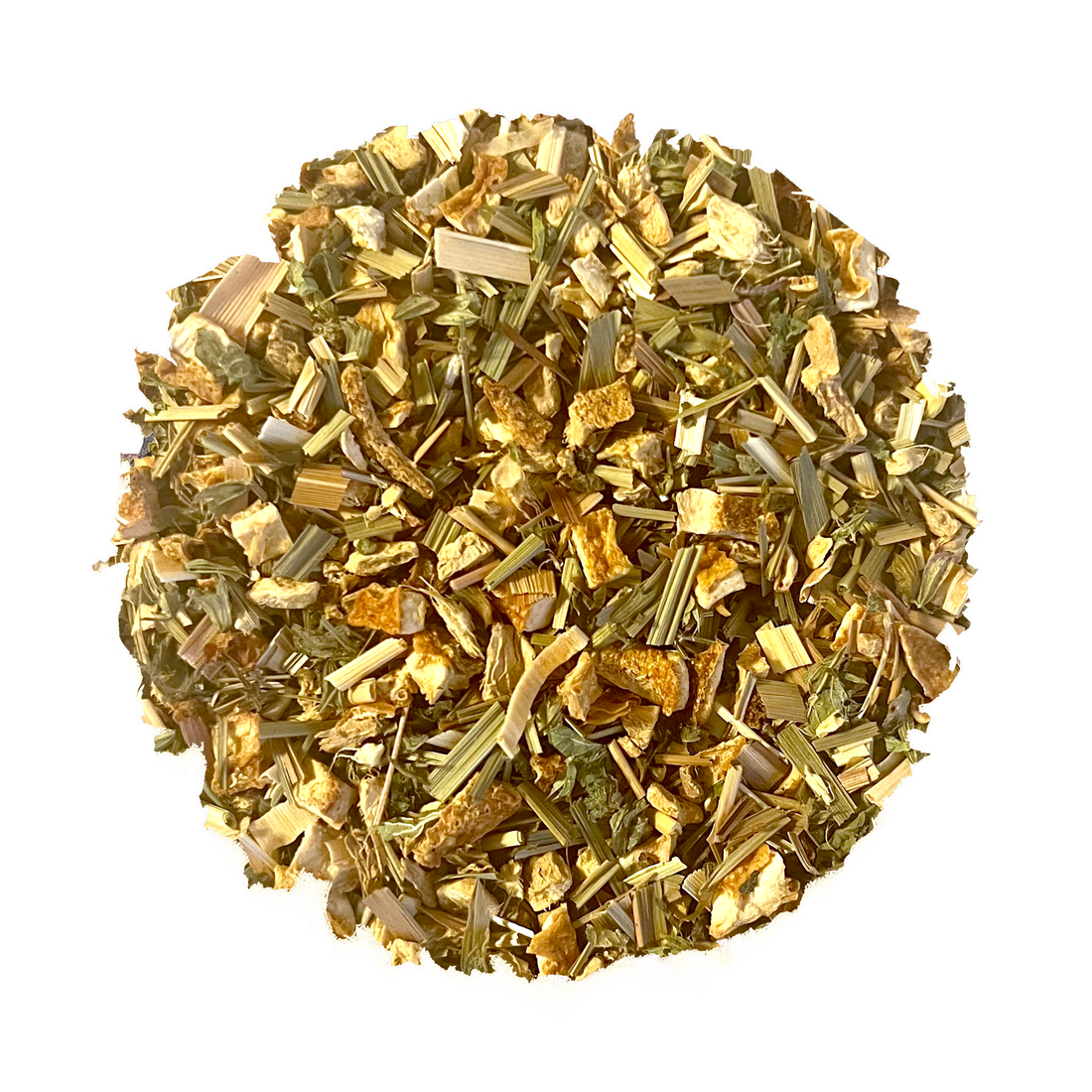 A circular pile of dried botanical tea or herbal blend containing green leaves, brown roots, and golden-yellow pieces, isolated on a white background.