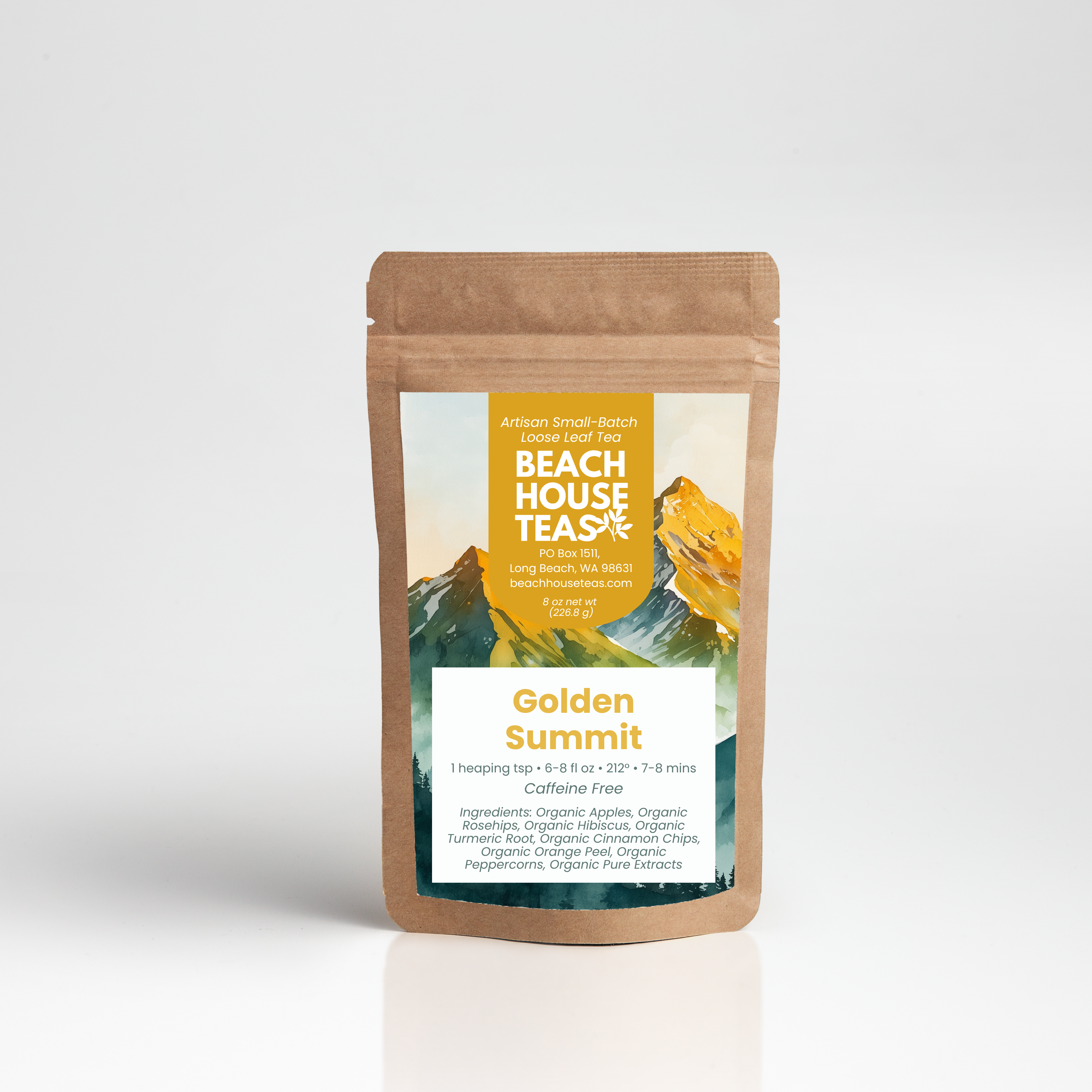 Beach House Teas Golden Summit on pouch with white background