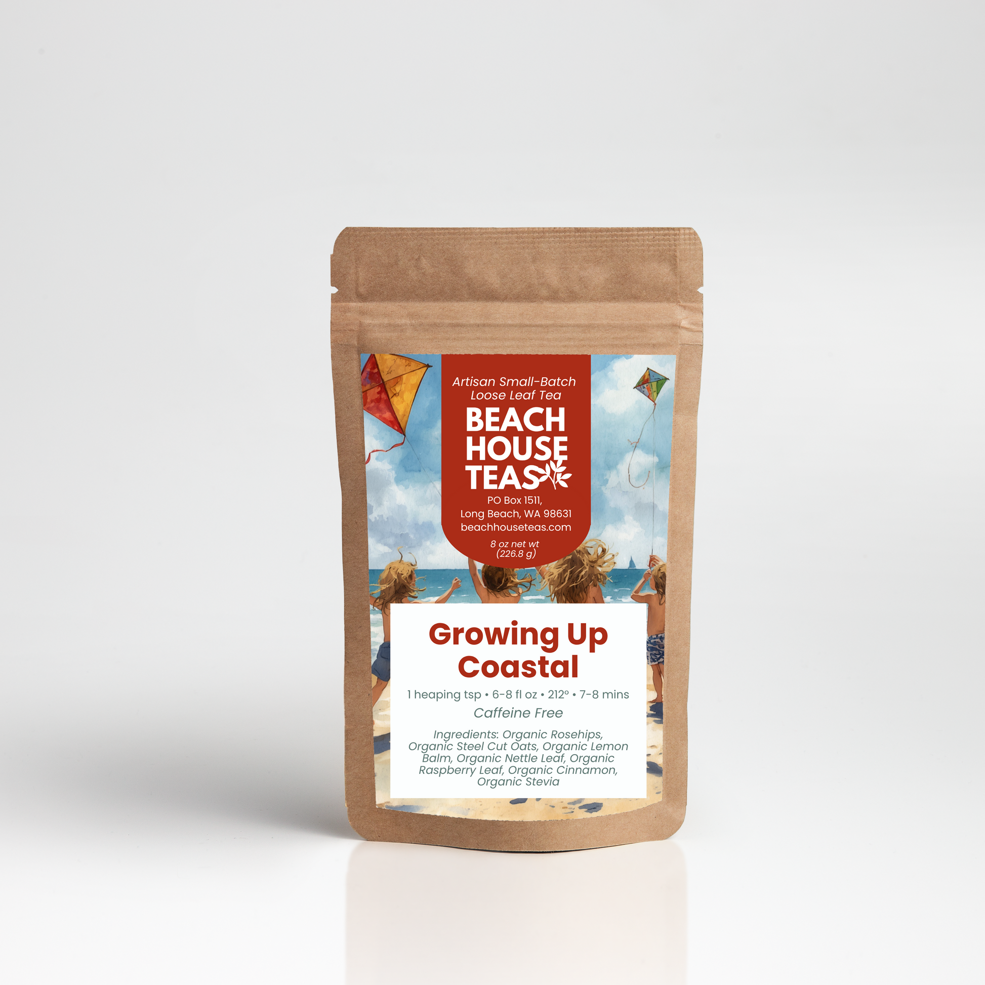 Beach House Teas 'Growing Up Coastal' tea package on a white background