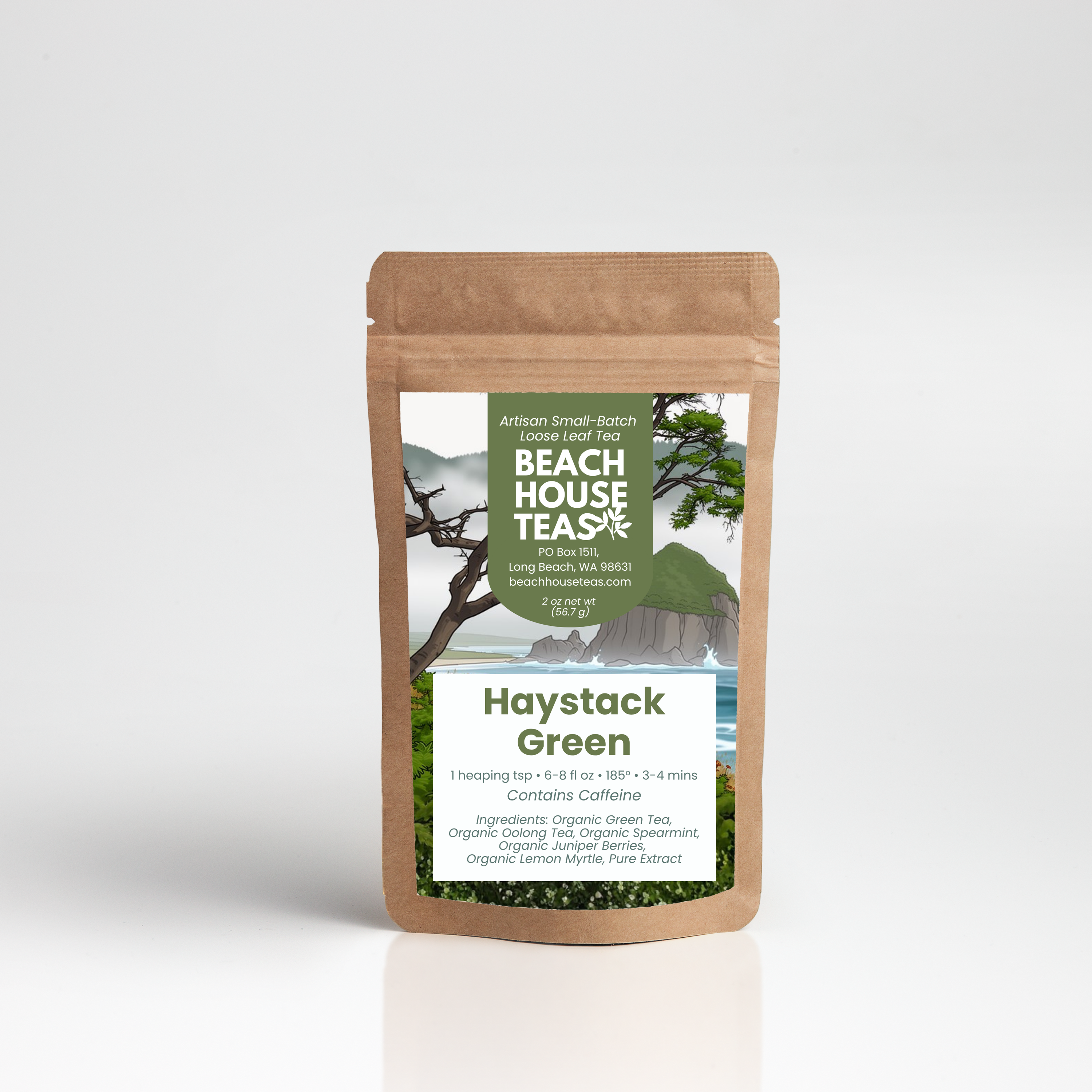 Beach House Teas Haystack Green tea package on a white background