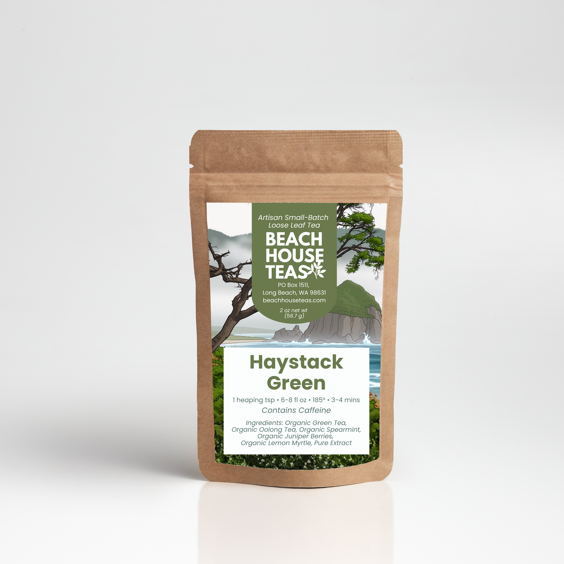 Beach House Teas Haystack Green tea package on a white background