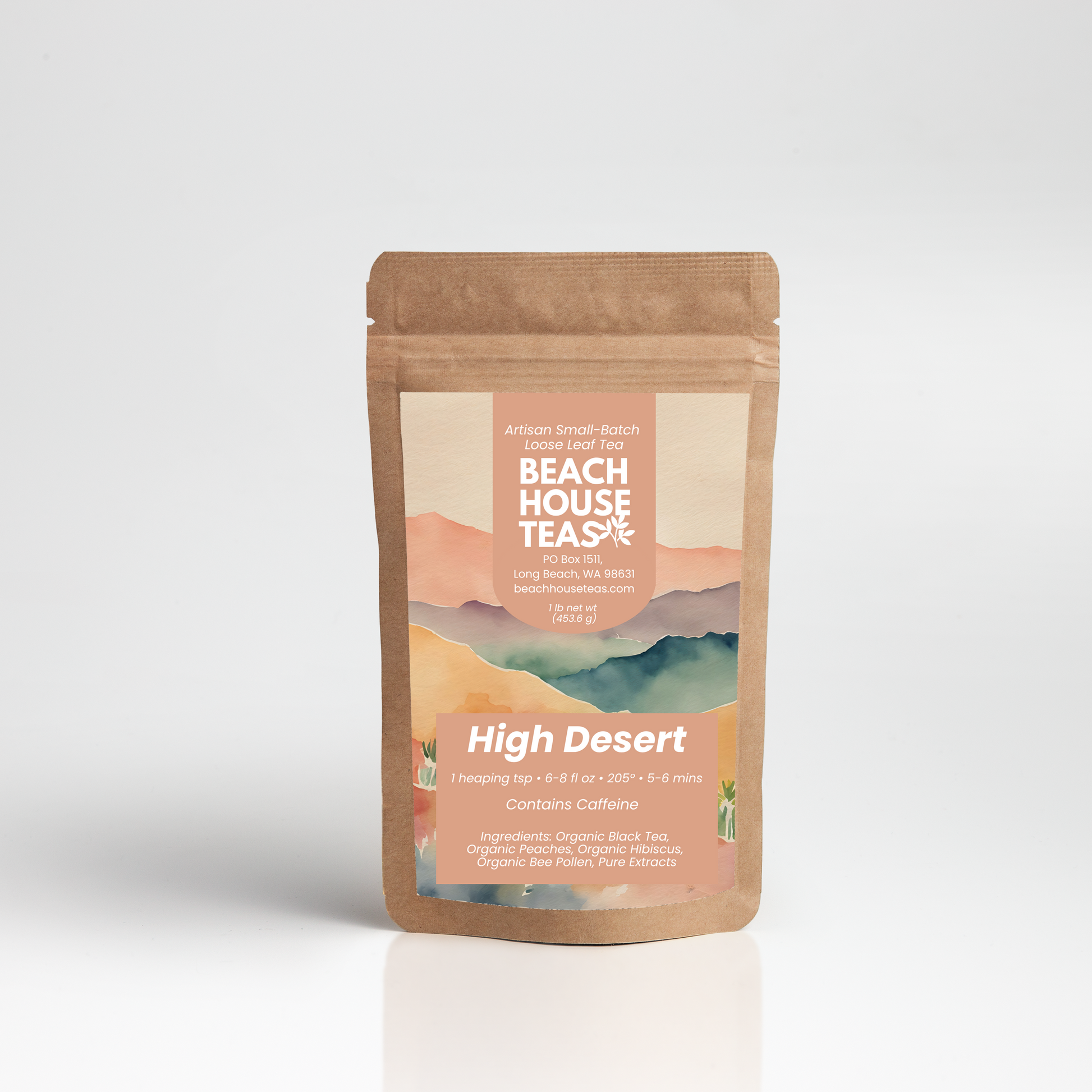 Beach House Teas 'High Desert' tea package on a white background