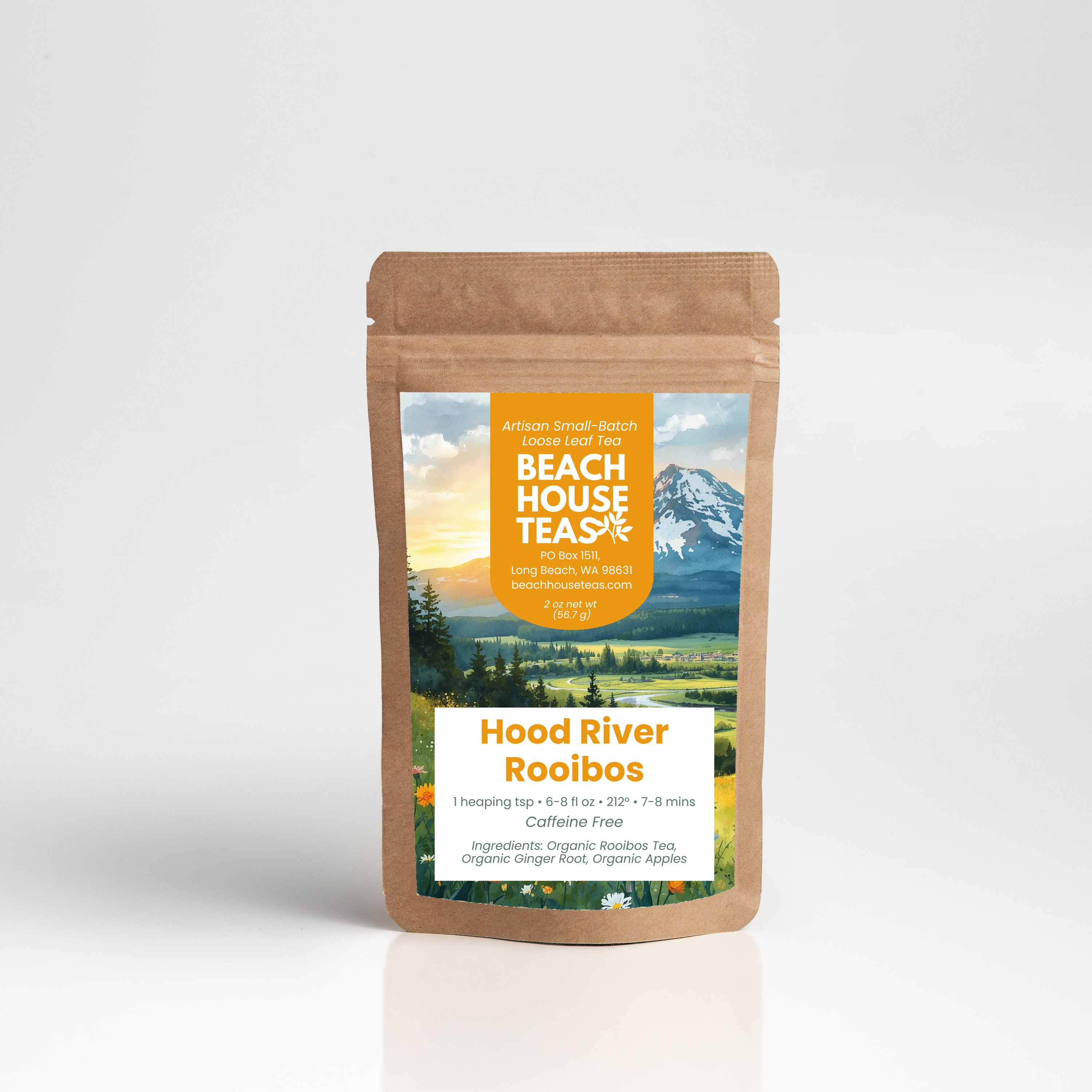 A stand-up kraft paper pouch of Beach House Teas Hood River Rooibos tea, featuring a scenic label with mountains and a yellow-orange logo block, photographed on a clean white background.