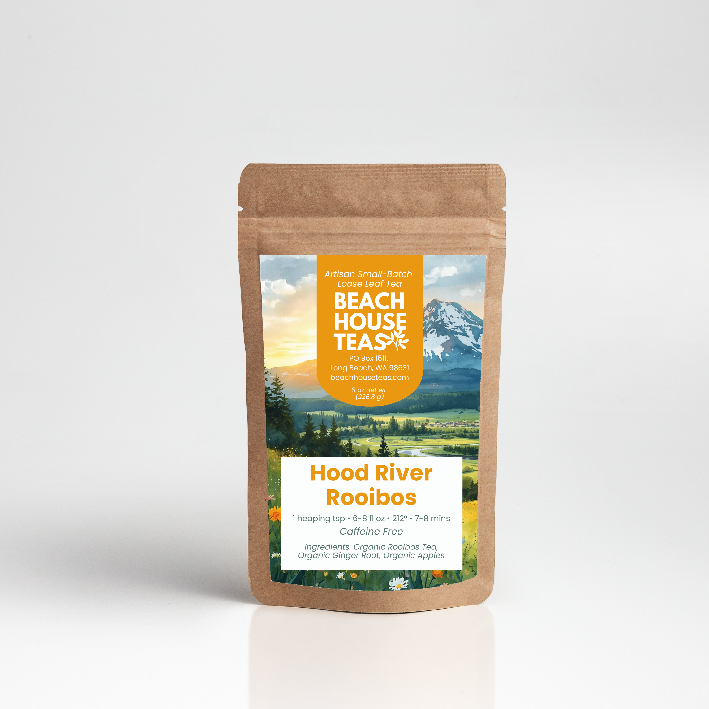 A kraft paper stand-up pouch of Hood River Rooibos tea by Beach House Teas, featuring a scenic mountain landscape label on a clean white background.