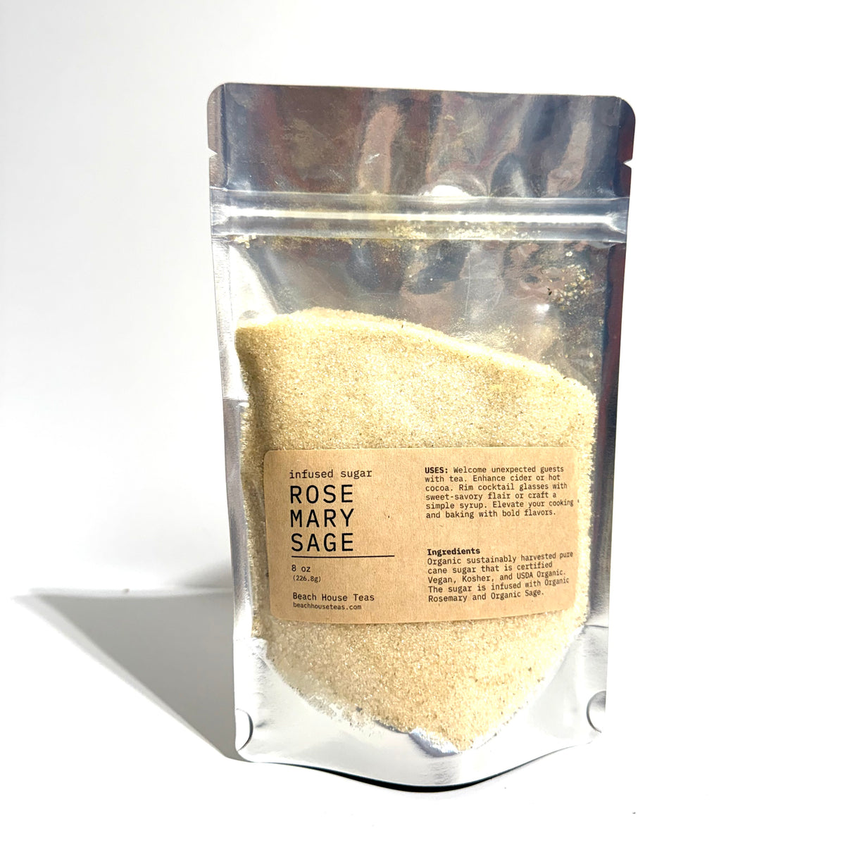 A stand-up pouch of infused sugar blend labeled 'Rosemary Sage' on a white background with a soft shadow.