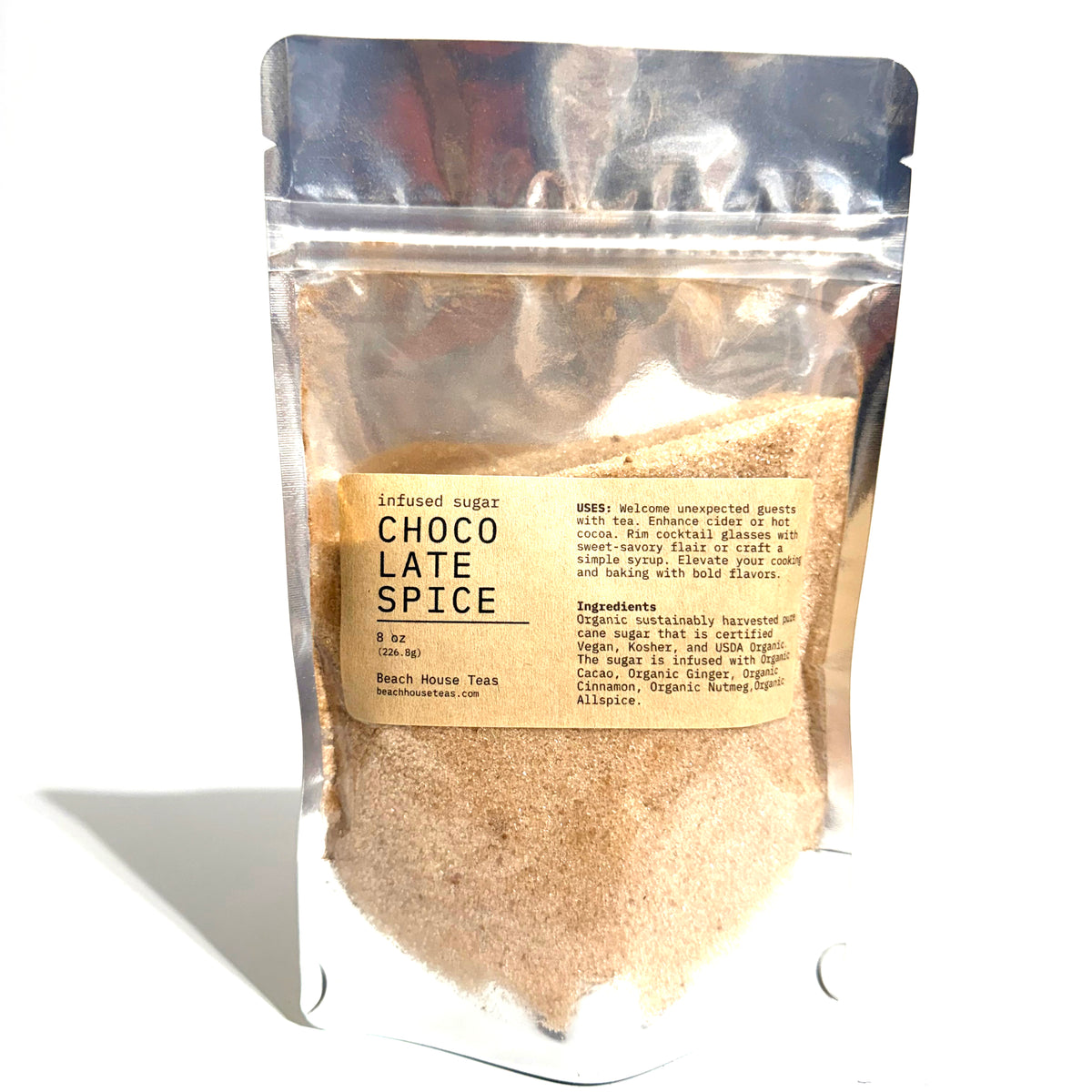 A stand-up resealable pouch of loose infused sugar labeled 'CHOCOLATE SPICE' on a white background, with the brand Batch House Teas visible on the front label.