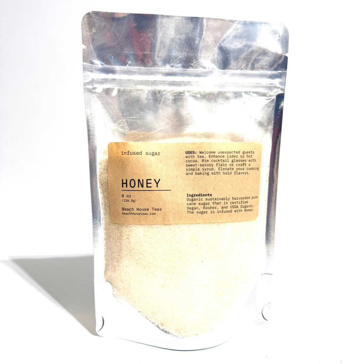 A stand-up pouch of Honey from Health House Trees, containing a light beige granular sugar blend, photographed on a white background with a soft shadow.