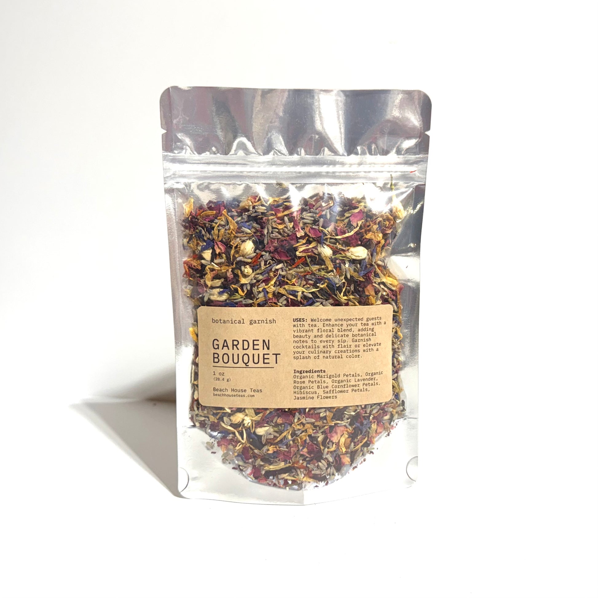 A stand-up resealable pouch of dried garden bouquet flowers on a white background. The clear pouch shows multicolored dried petals and herbs inside, with a beige label reading 'GARDEN BOUQUET' and smaller botanical text.