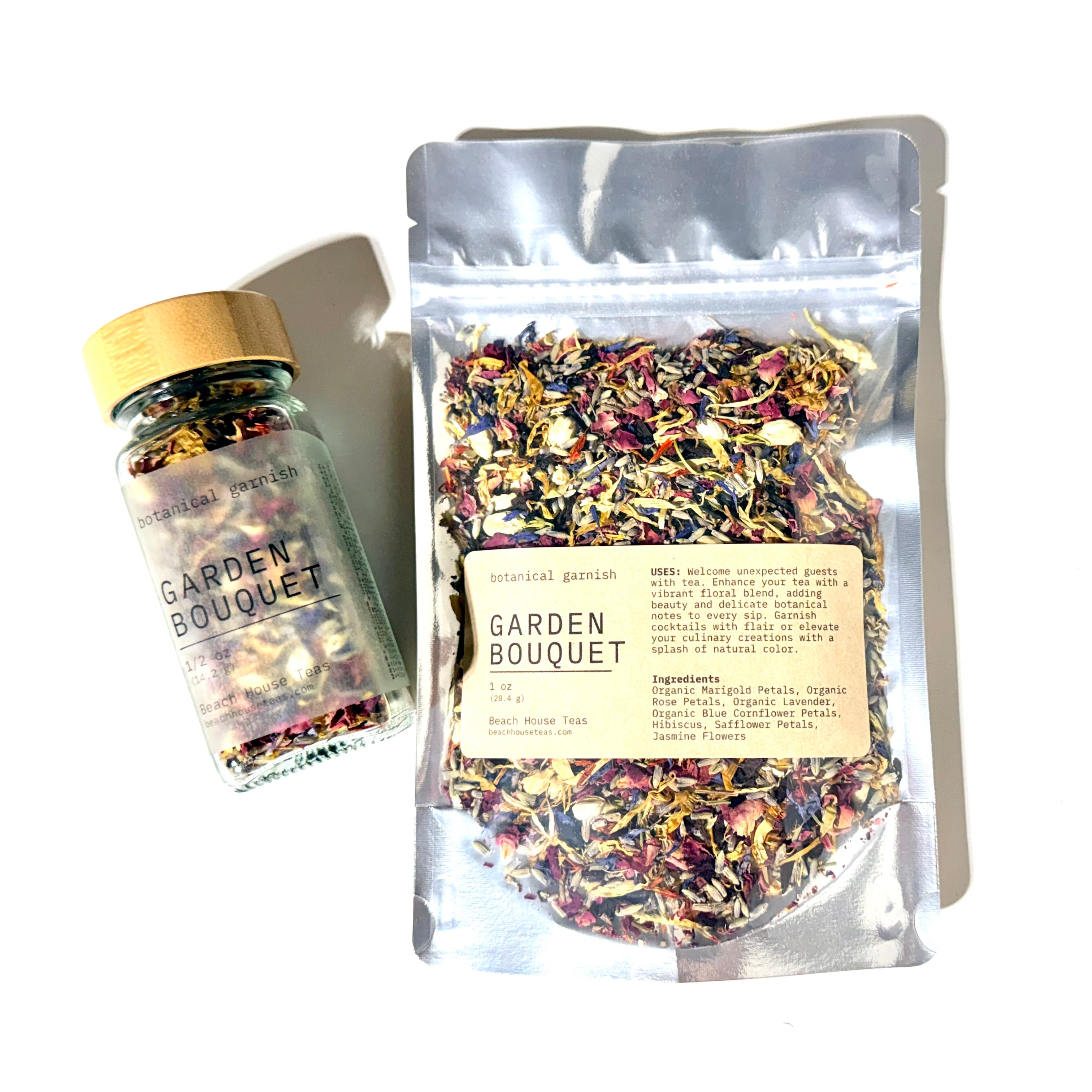 A Garden Bouquet herbal blend shown in two packaging formats: a clear glass jar with a light wood lid and a silver stand-up pouch. Both packages feature a cream-colored label with black text and are filled with dried flowers, herbs, and botanicals.