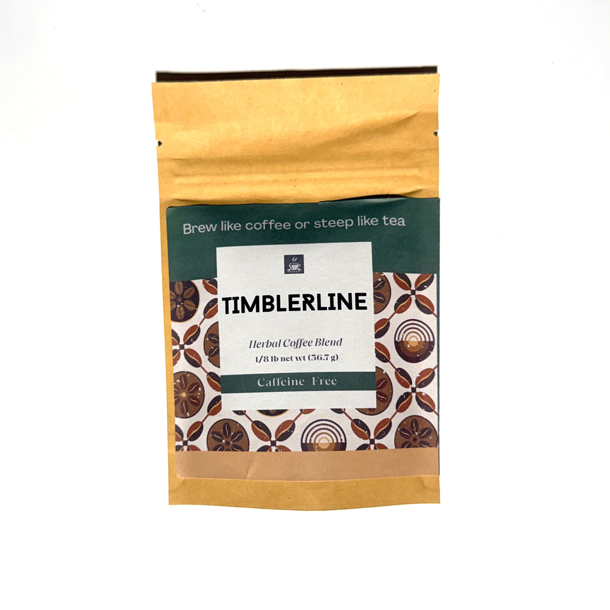 Beach House Teas Timberline herbal coffee in a 1/8 lb resealable pouch