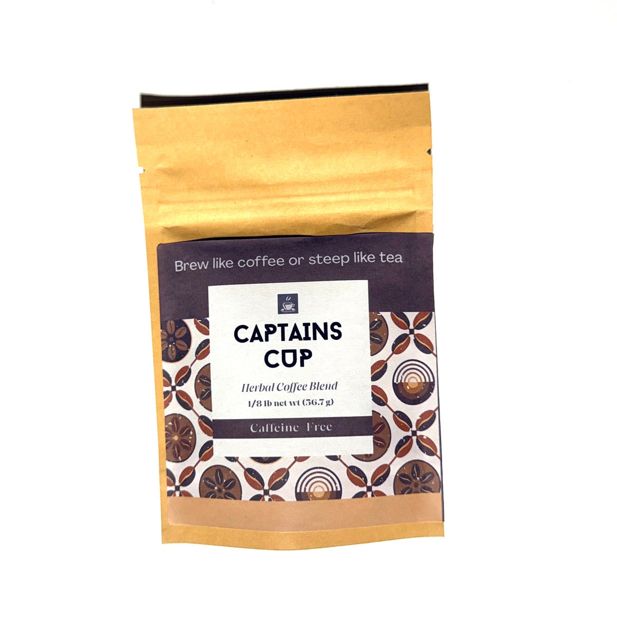 Beach House Teas Captain’s Cup herbal coffee in a 1/8 lb resealable pouch